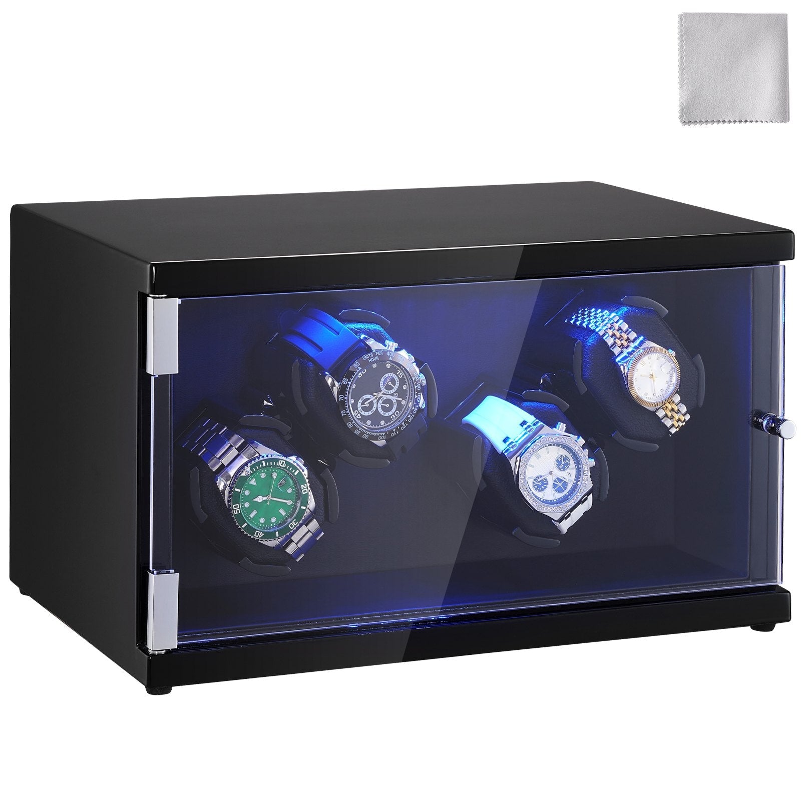 VEVOR Watch Winder, Watch Winder for 4 Men's and Women's Automatic Watches, with 2 Super Quiet Japanese Mabuchi Motors, Blue LED Light and Adapter, High-Density Board Shell and Black PU 
