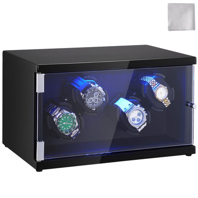 VEVOR Watch Winder, Watch Winder for 4 Men's and Women's Automatic Watches, with 2 Super Quiet Japanese Mabuchi Motors, Blue LED Light and Adapter, High-Density Board Shell and Black PU 