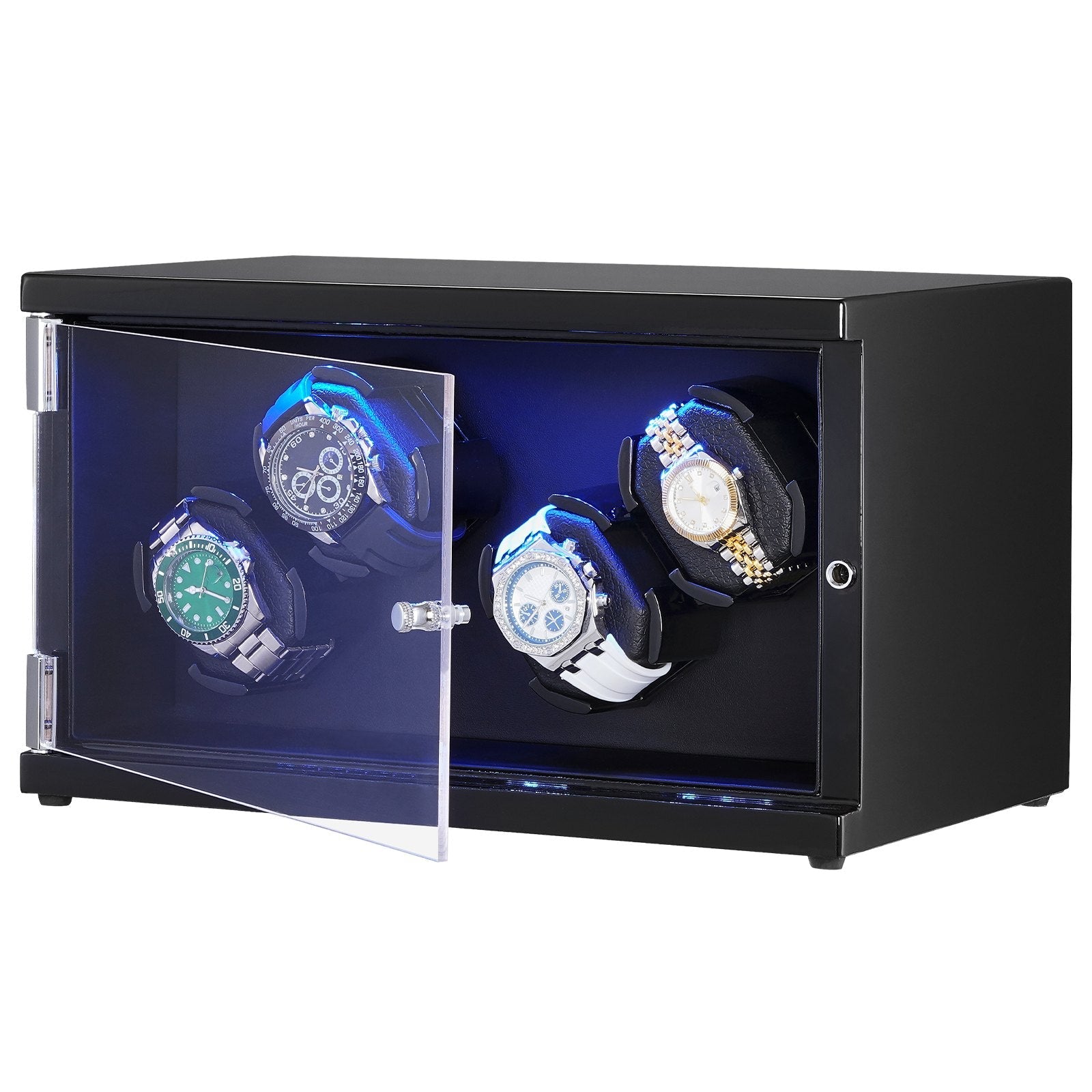 VEVOR Watch Winder, Watch Winder for 4 Men's and Women's Automatic Watches, with 2 Super Quiet Japanese Mabuchi Motors, Blue LED Light and Adapter, High-Density Board Shell and Black PU 