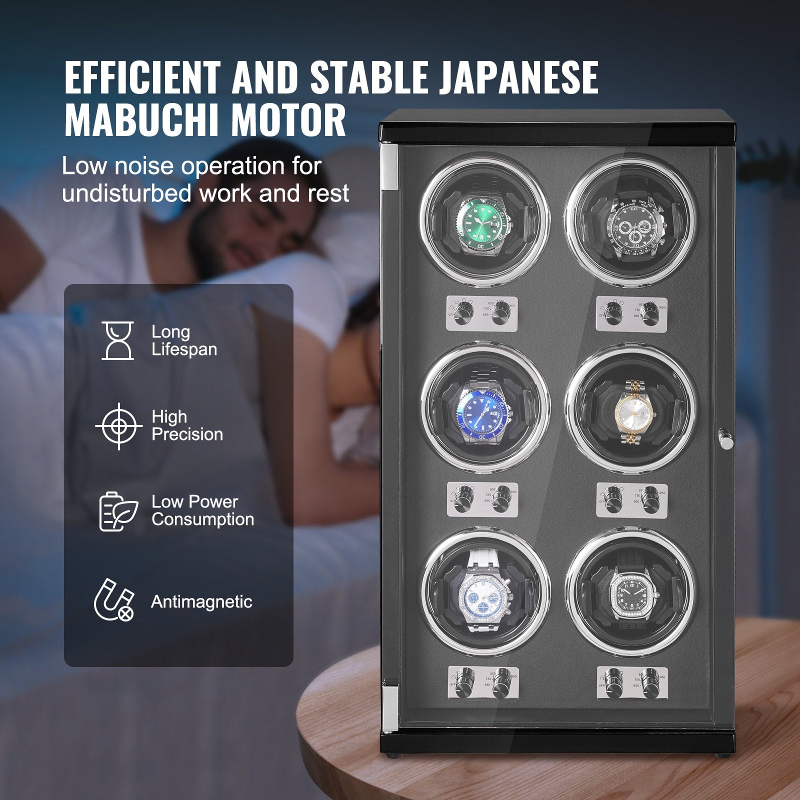 VEVOR Watch Winder, Watch Winder for 6 Men's and Women's Automatic Watches, with 6 Super Quiet Japanese Mabuchi Motors, Blue LED Light and Adapter, High-Density Board Shell and Black PU 