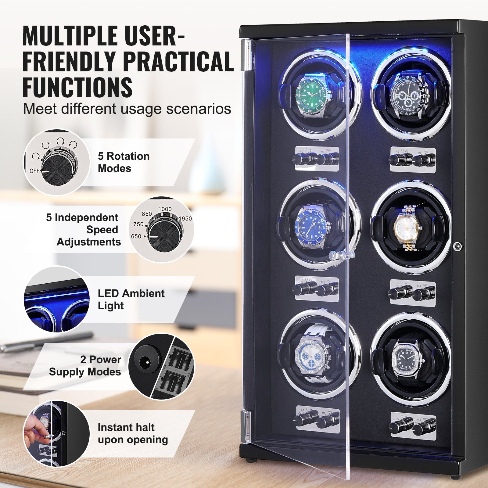 VEVOR Watch Winder, Watch Winder for 6 Men's and Women's Automatic Watches, with 6 Super Quiet Japanese Mabuchi Motors, Blue LED Light and Adapter, High-Density Board Shell and Black PU 