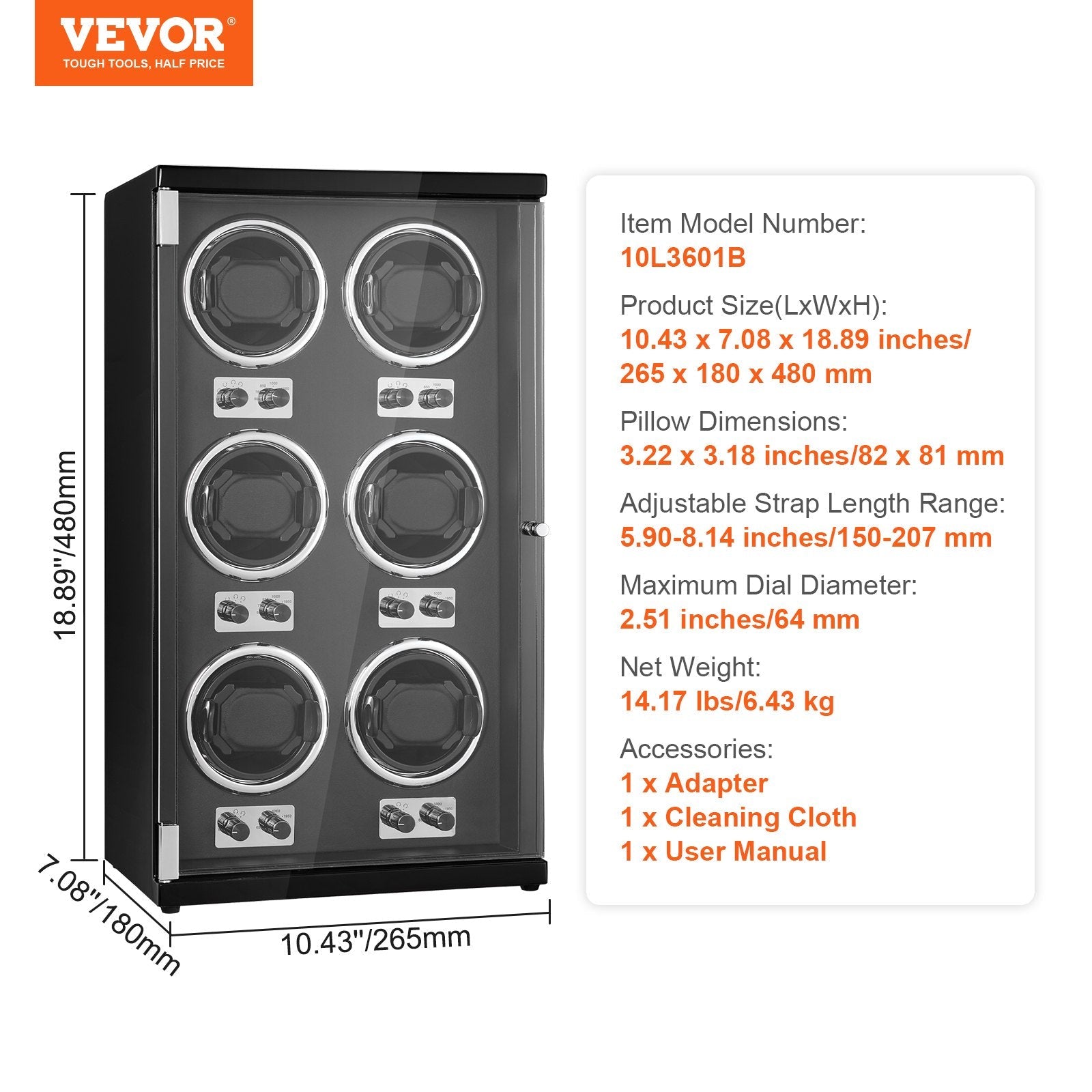 VEVOR Watch Winder, Watch Winder for 6 Men's and Women's Automatic Watches, with 6 Super Quiet Japanese Mabuchi Motors, Blue LED Light and Adapter, High-Density Board Shell and Black PU 