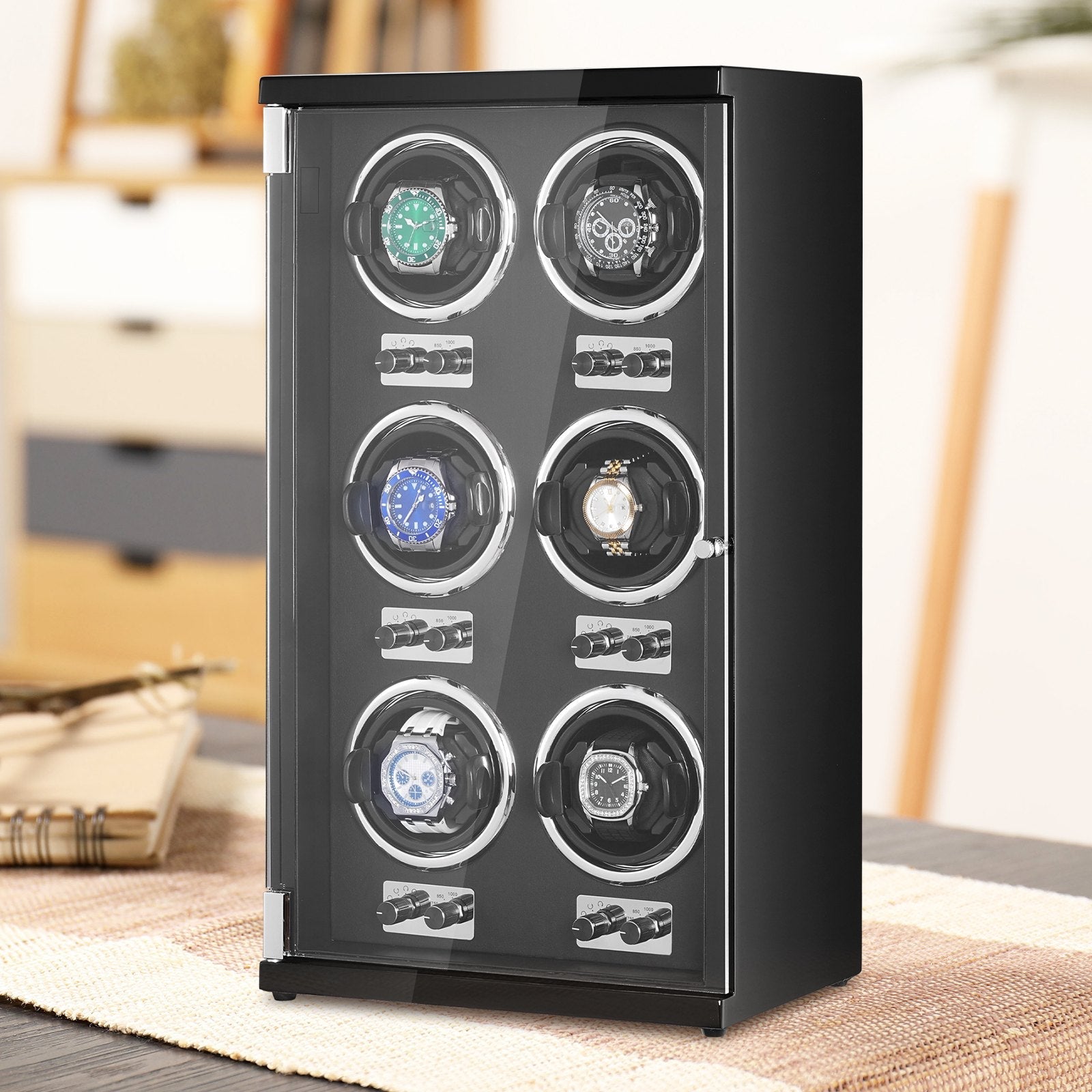 VEVOR Watch Winder, Watch Winder for 6 Men's and Women's Automatic Watches, with 6 Super Quiet Japanese Mabuchi Motors, Blue LED Light and Adapter, High-Density Board Shell and Black PU 