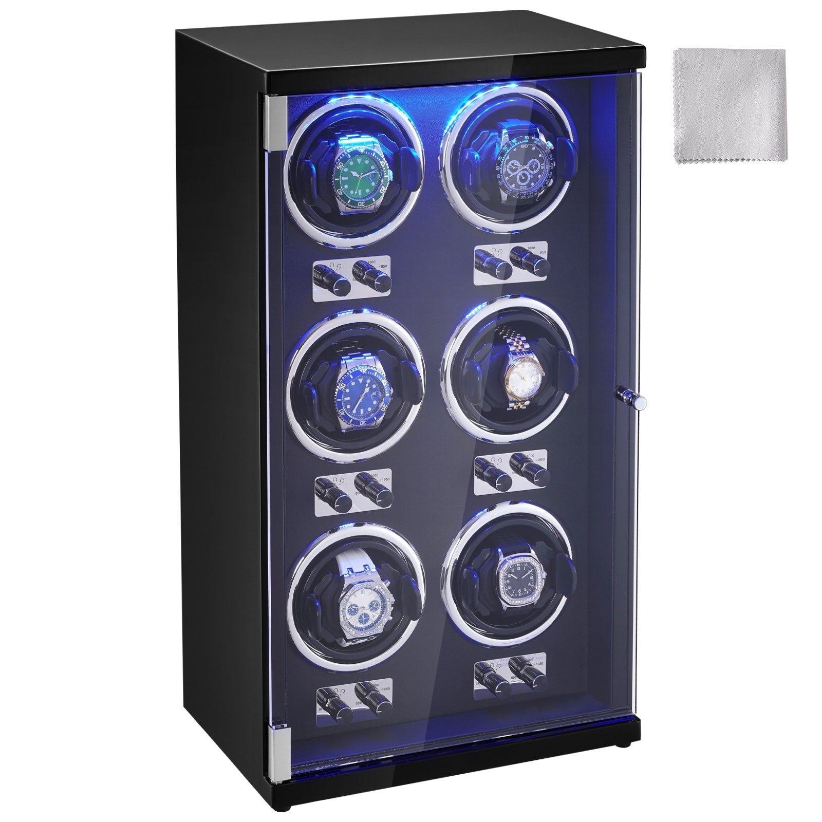 VEVOR Watch Winder, Watch Winder for 6 Men's and Women's Automatic Watches, with 6 Super Quiet Japanese Mabuchi Motors, Blue LED Light and Adapter, High-Density Board Shell and Black PU 
