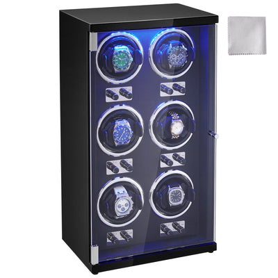 VEVOR Watch Winder, Watch Winder for 6 Men's and Women's Automatic Watches, with 6 Super Quiet Japanese Mabuchi Motors, Blue LED Light and Adapter, High-Density Board Shell and Black PU 