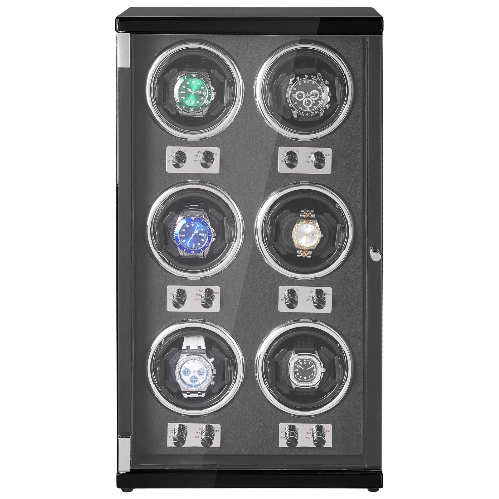VEVOR Watch Winder, Watch Winder for 6 Men's and Women's Automatic Watches, with 6 Super Quiet Japanese Mabuchi Motors, Blue LED Light and Adapter, High-Density Board Shell and Black PU 