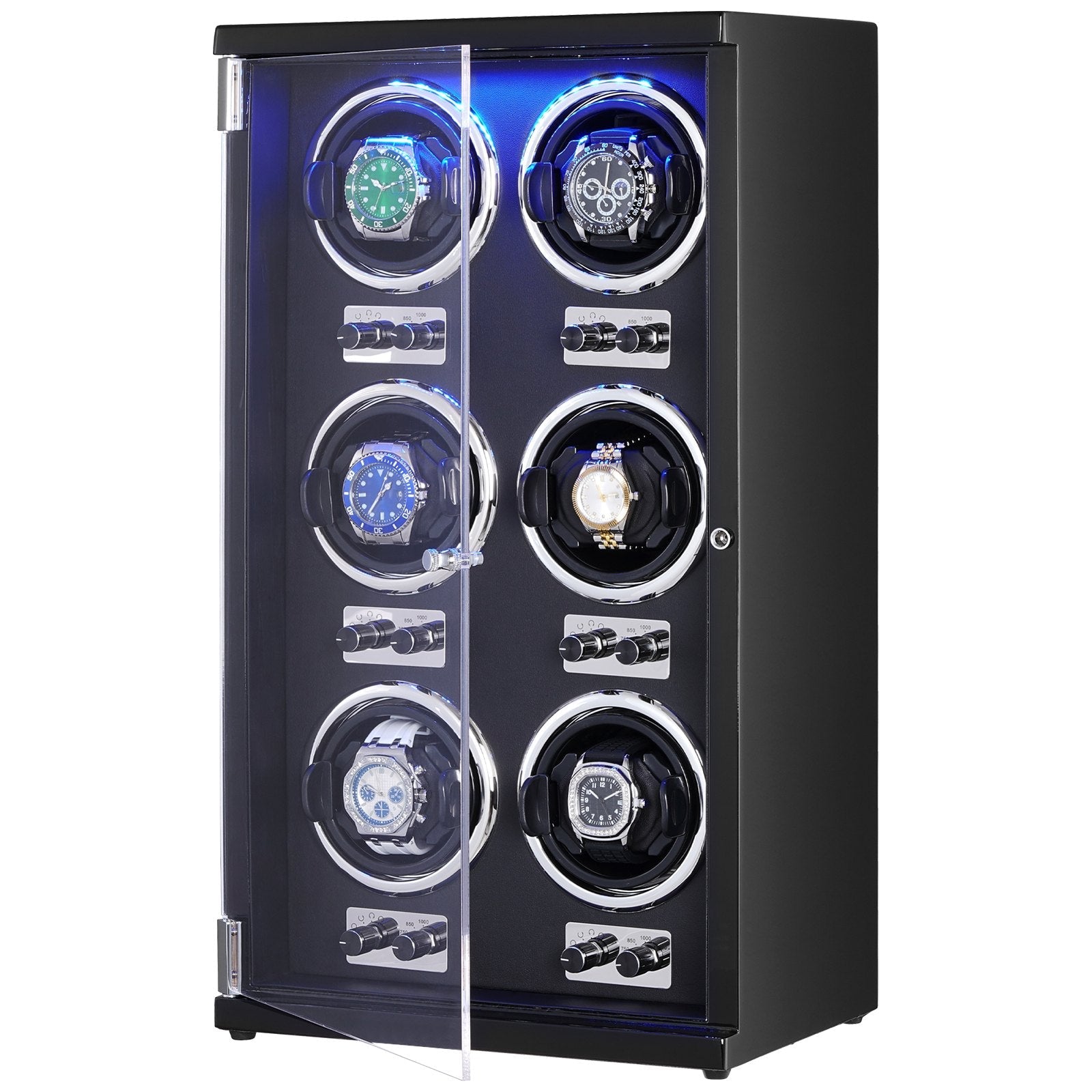 VEVOR Watch Winder, Watch Winder for 6 Men's and Women's Automatic Watches, with 6 Super Quiet Japanese Mabuchi Motors, Blue LED Light and Adapter, High-Density Board Shell and Black PU 