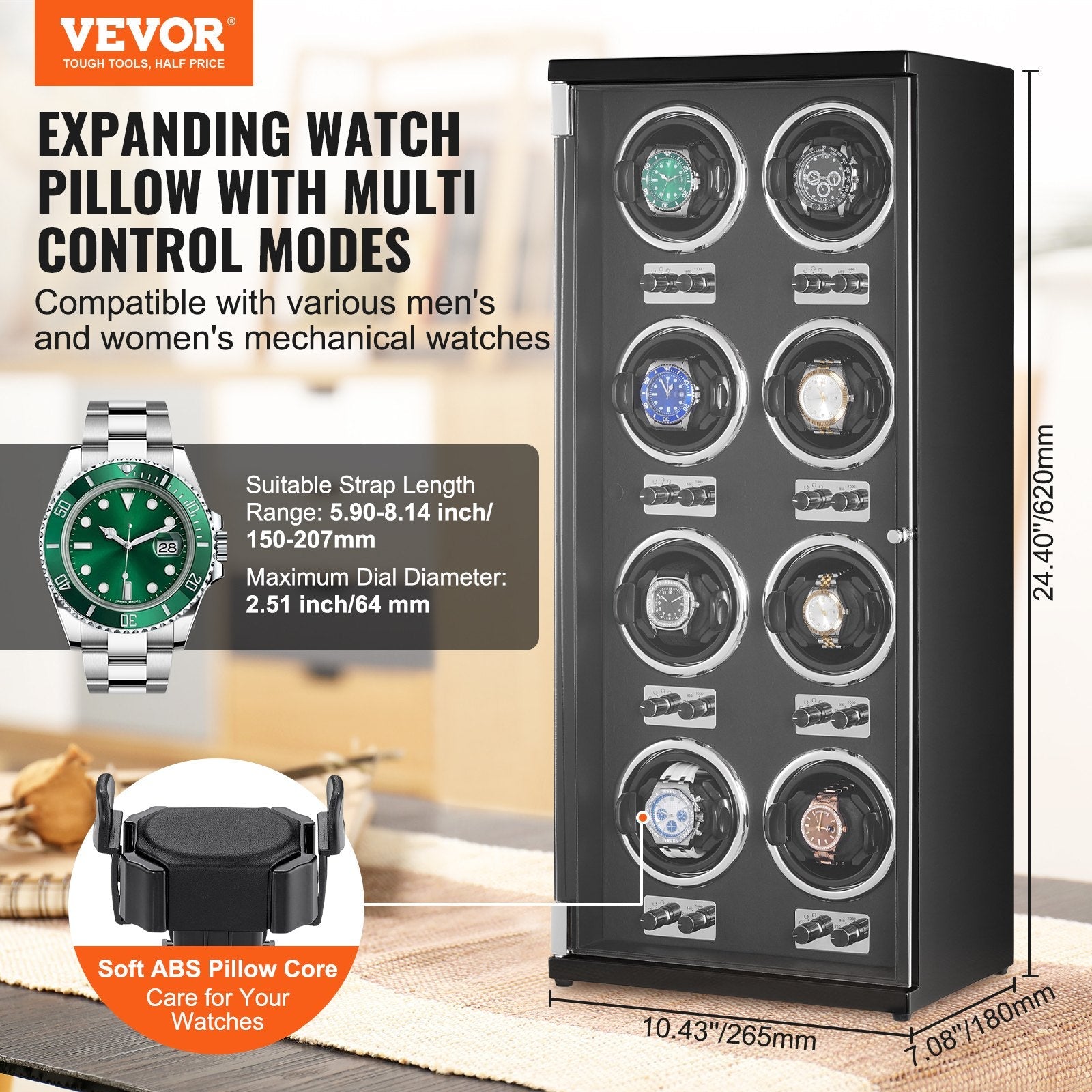 VEVOR Watch Winder, Watch Winder for 8 Men's and Women's Automatic Watches, with 8 Super Quiet Japanese Mabuchi Motors, Blue LED Light and Adapter, High-Density Board Shell and Black PU 
