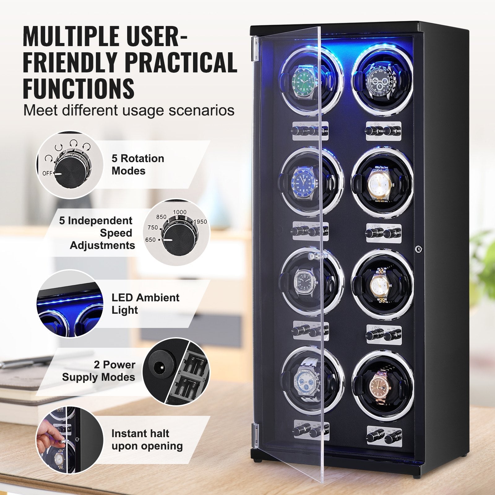 VEVOR Watch Winder, Watch Winder for 8 Men's and Women's Automatic Watches, with 8 Super Quiet Japanese Mabuchi Motors, Blue LED Light and Adapter, High-Density Board Shell and Black PU 