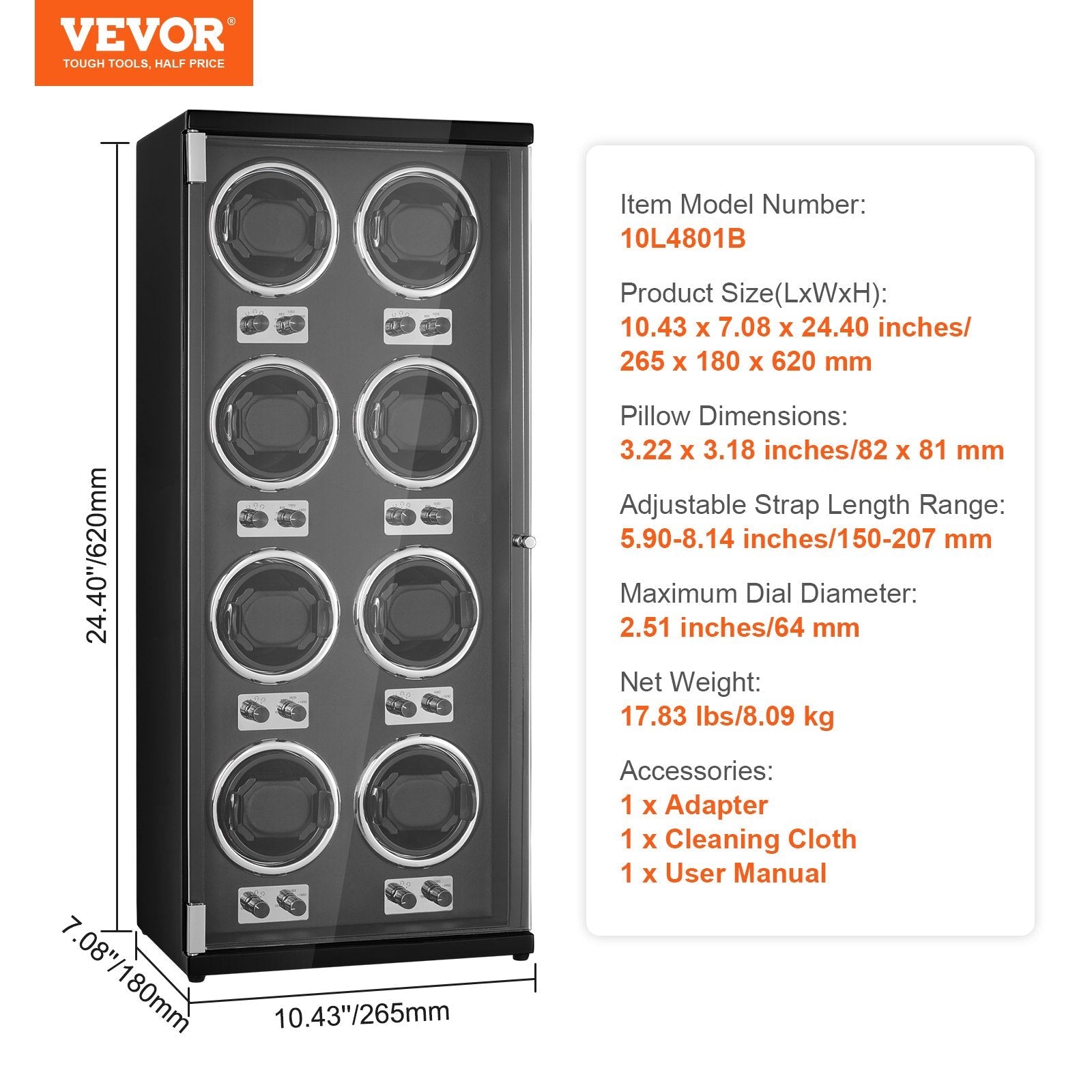 VEVOR Watch Winder, Watch Winder for 8 Men's and Women's Automatic Watches, with 8 Super Quiet Japanese Mabuchi Motors, Blue LED Light and Adapter, High-Density Board Shell and Black PU 