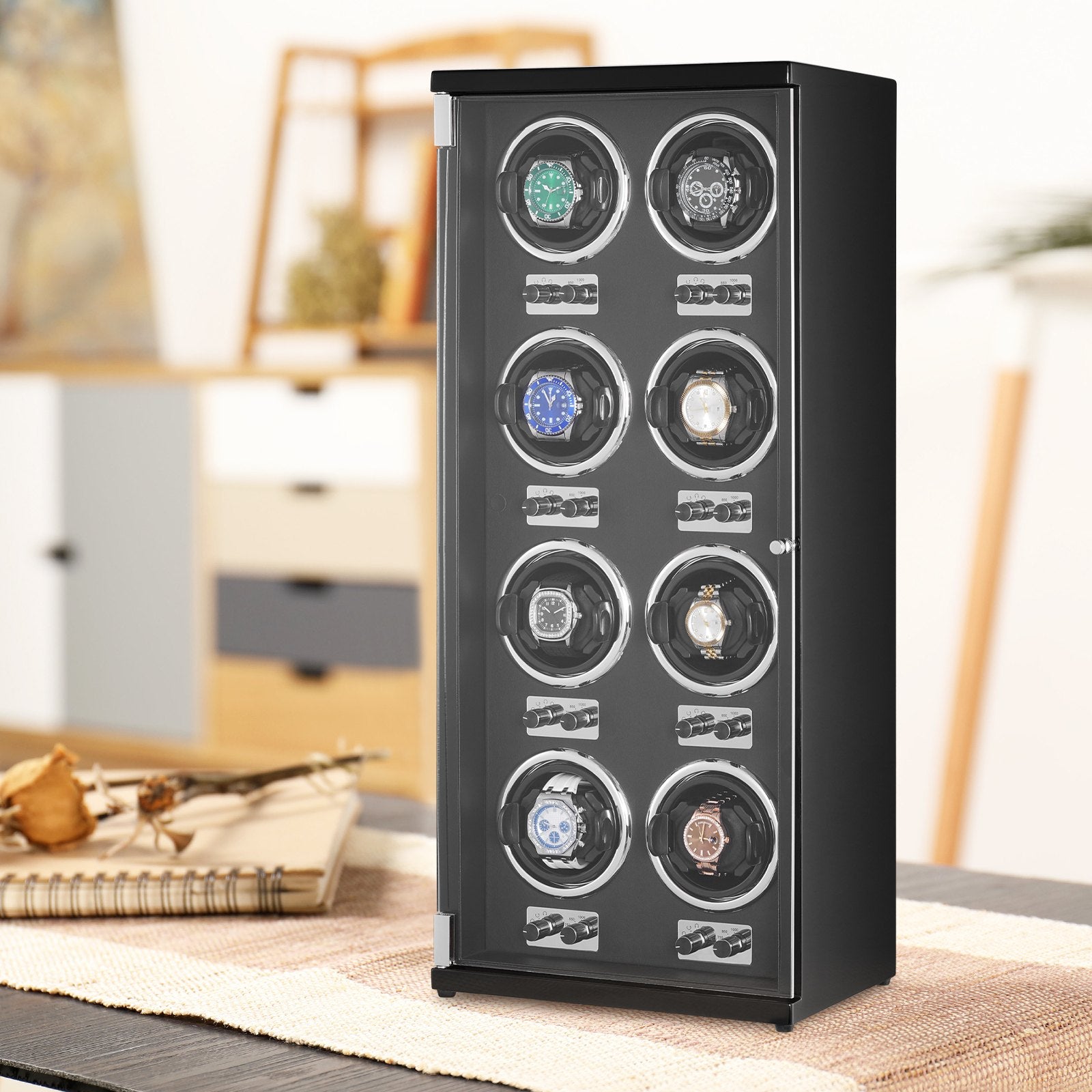 VEVOR Watch Winder, Watch Winder for 8 Men's and Women's Automatic Watches, with 8 Super Quiet Japanese Mabuchi Motors, Blue LED Light and Adapter, High-Density Board Shell and Black PU 