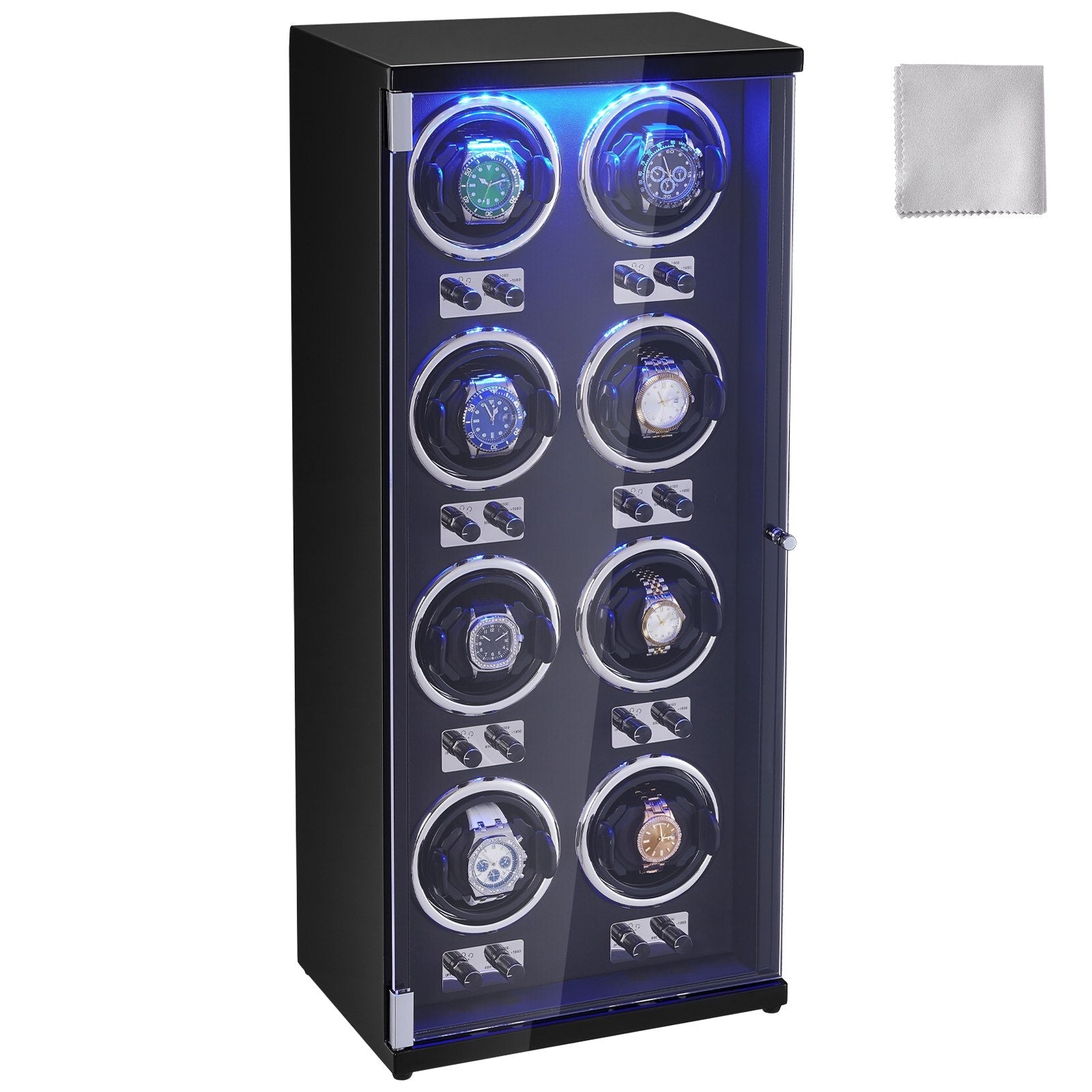 VEVOR Watch Winder, Watch Winder for 8 Men's and Women's Automatic Watches, with 8 Super Quiet Japanese Mabuchi Motors, Blue LED Light and Adapter, High-Density Board Shell and Black PU 