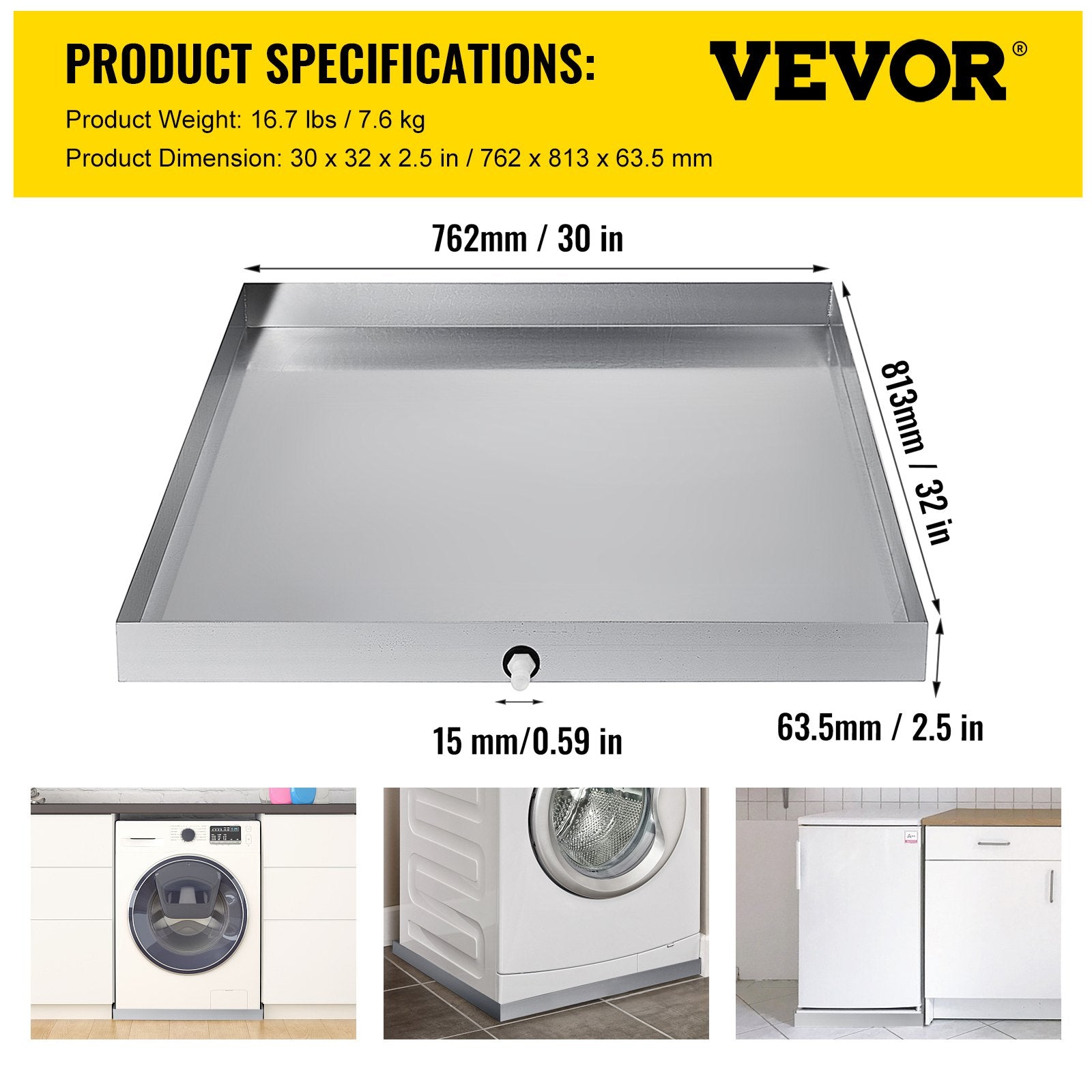 VEVOR Well-Designed Washer Pan 32 x 30 x 2.5 Inch Washing Machine Drip Pan Stainless Steel Sink Dishwasher Drip Tray Compact Universal Drip Tray with Drain Hole 