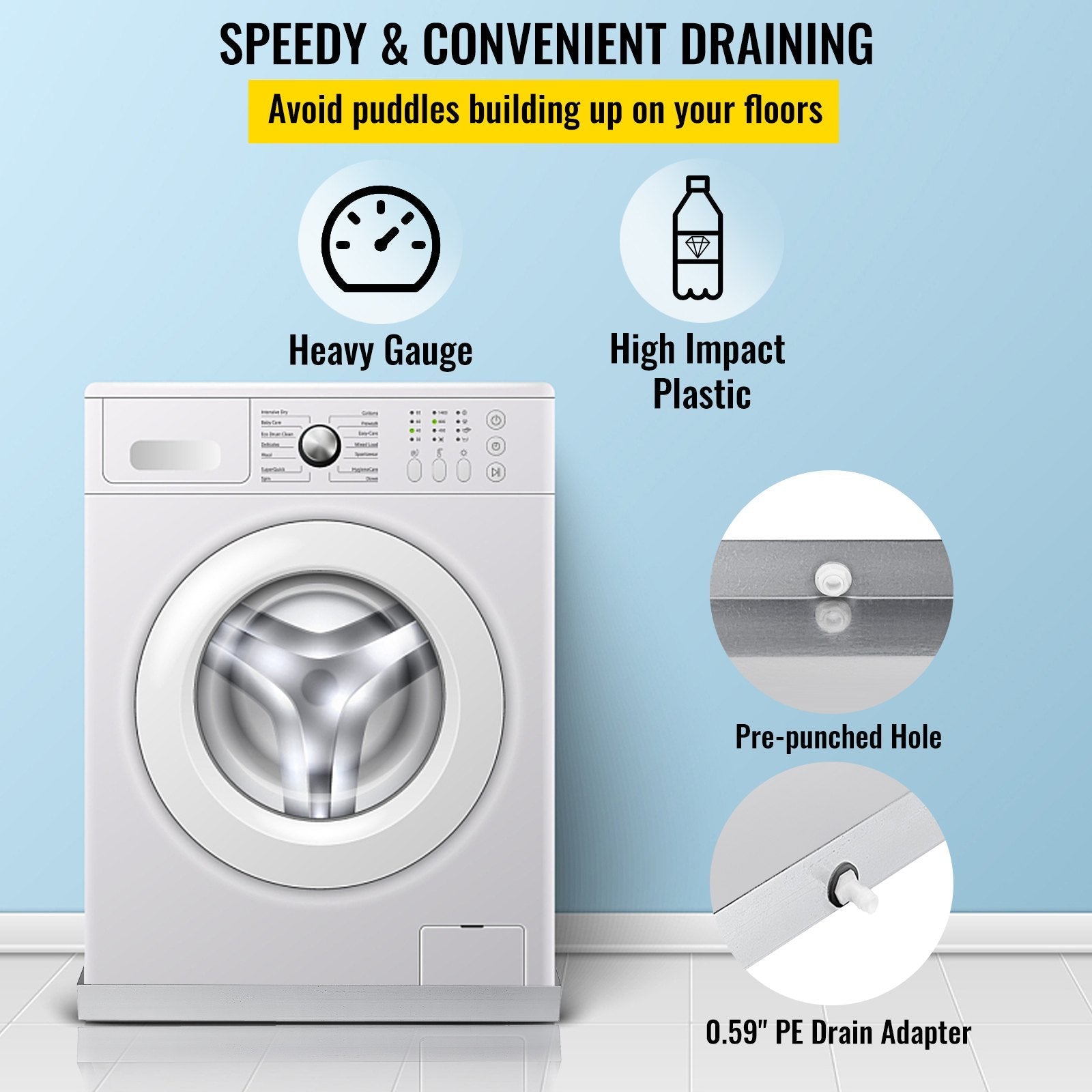 VEVOR 18 GA Thickness Washing Machine Drip Pan 304 Stainless Steel Heavy Duty Compact Washer Drain with Hole, 32 x 30 x 2.5 Inch 