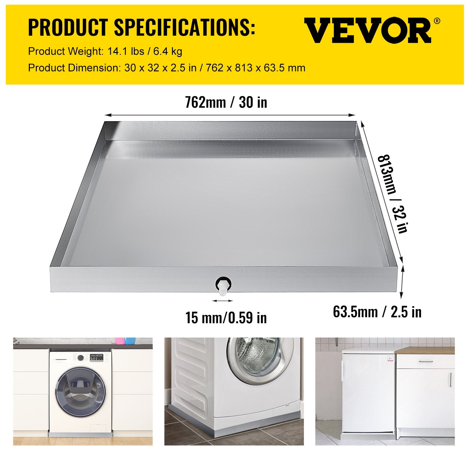 VEVOR 18 GA Thickness Washing Machine Drip Pan 304 Stainless Steel Heavy Duty Compact Washer Drain with Hole, 32 x 30 x 2.5 Inch 