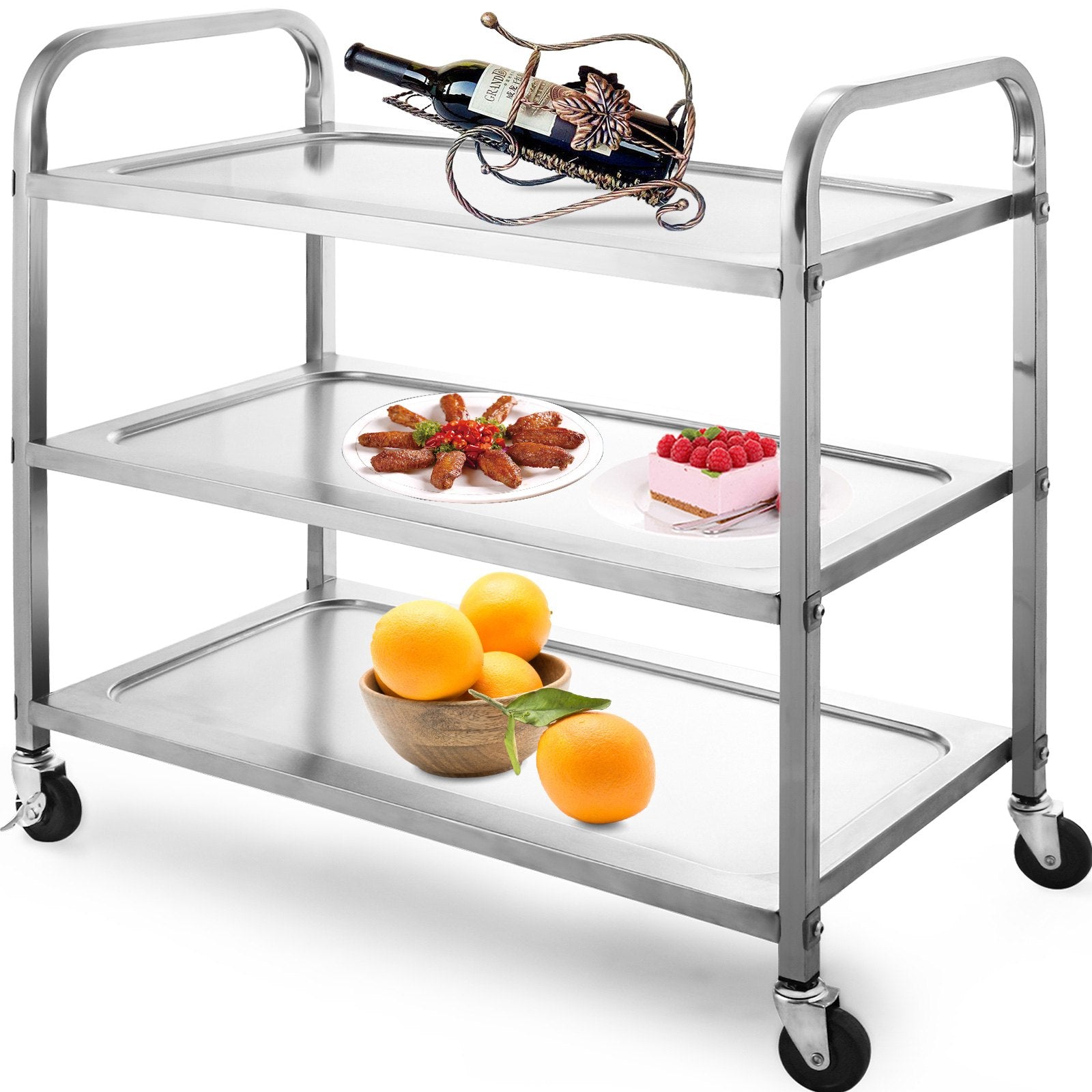 VEVOR Stainless Steel Utility Cart 35‘’L x 18.5\'\'W x 35.5\'\'H, Catering Serving Cart 3 Tier Storage Shelf with Wheels, Kitchen Island Trolley for Hotels Restaurant Home Use 