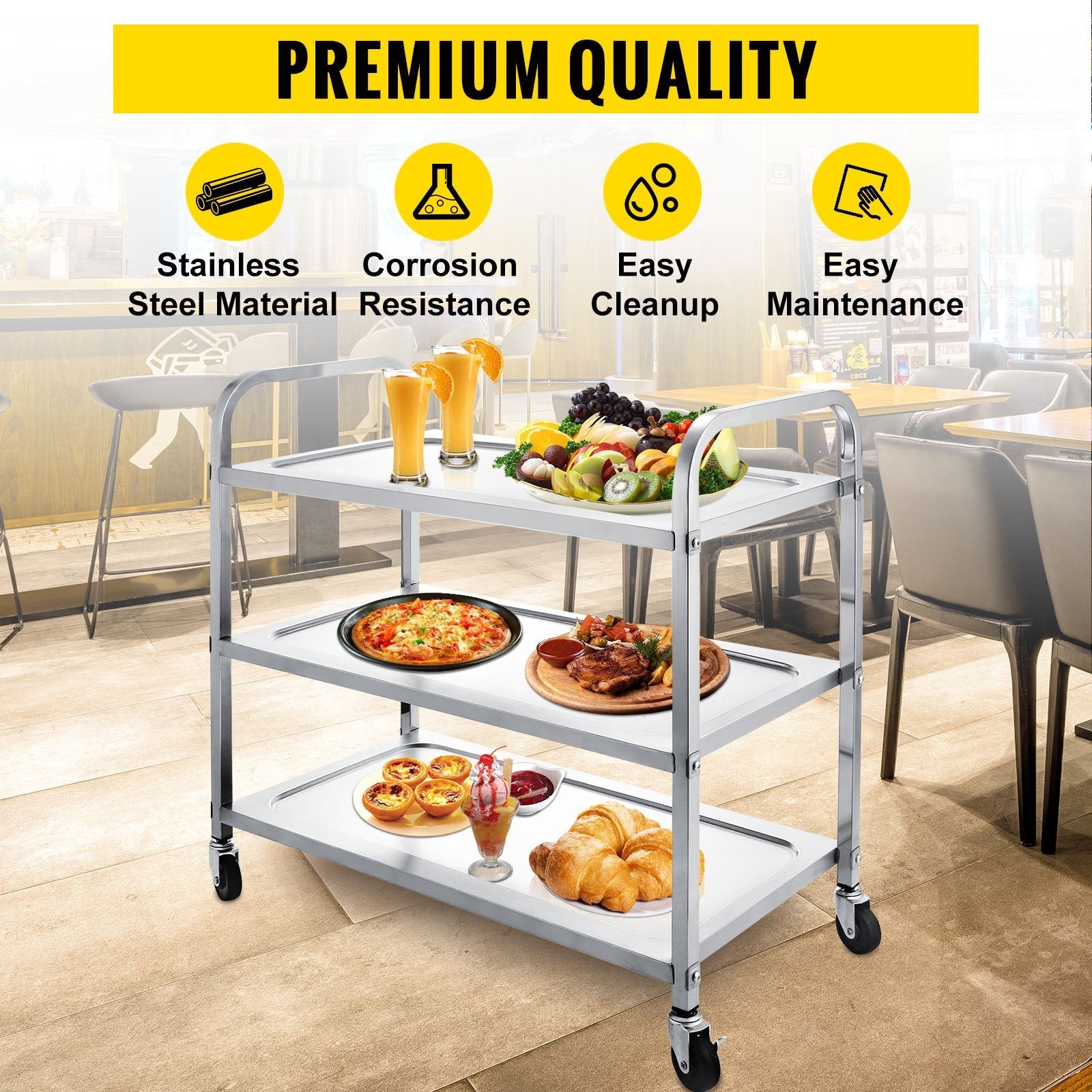 VEVOR Stainless Steel Utility Cart 35‘’L x 18.5\'\'W x 35.5\'\'H, Catering Serving Cart 3 Tier Storage Shelf with Wheels, Kitchen Island Trolley for Hotels Restaurant Home Use 