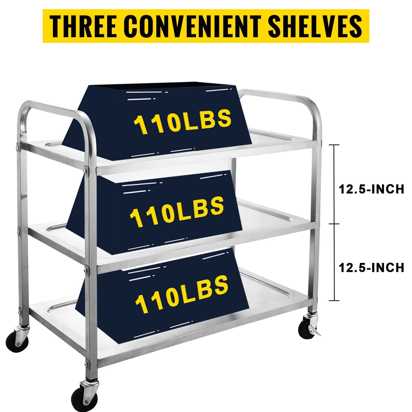 VEVOR Stainless Steel Utility Cart 35‘’L x 18.5\'\'W x 35.5\'\'H, Catering Serving Cart 3 Tier Storage Shelf with Wheels, Kitchen Island Trolley for Hotels Restaurant Home Use 