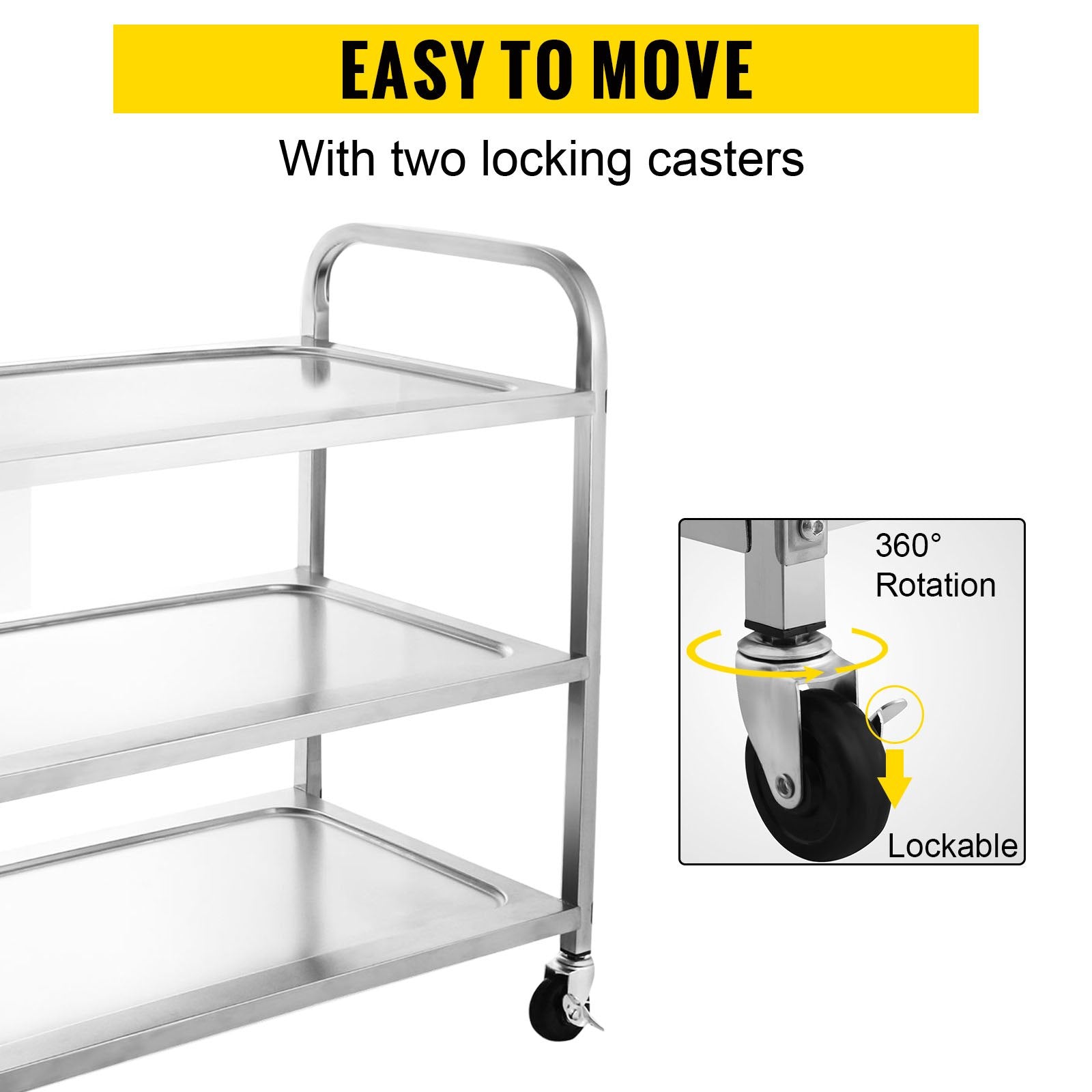 VEVOR Stainless Steel Utility Cart 35‘’L x 18.5\'\'W x 35.5\'\'H, Catering Serving Cart 3 Tier Storage Shelf with Wheels, Kitchen Island Trolley for Hotels Restaurant Home Use 