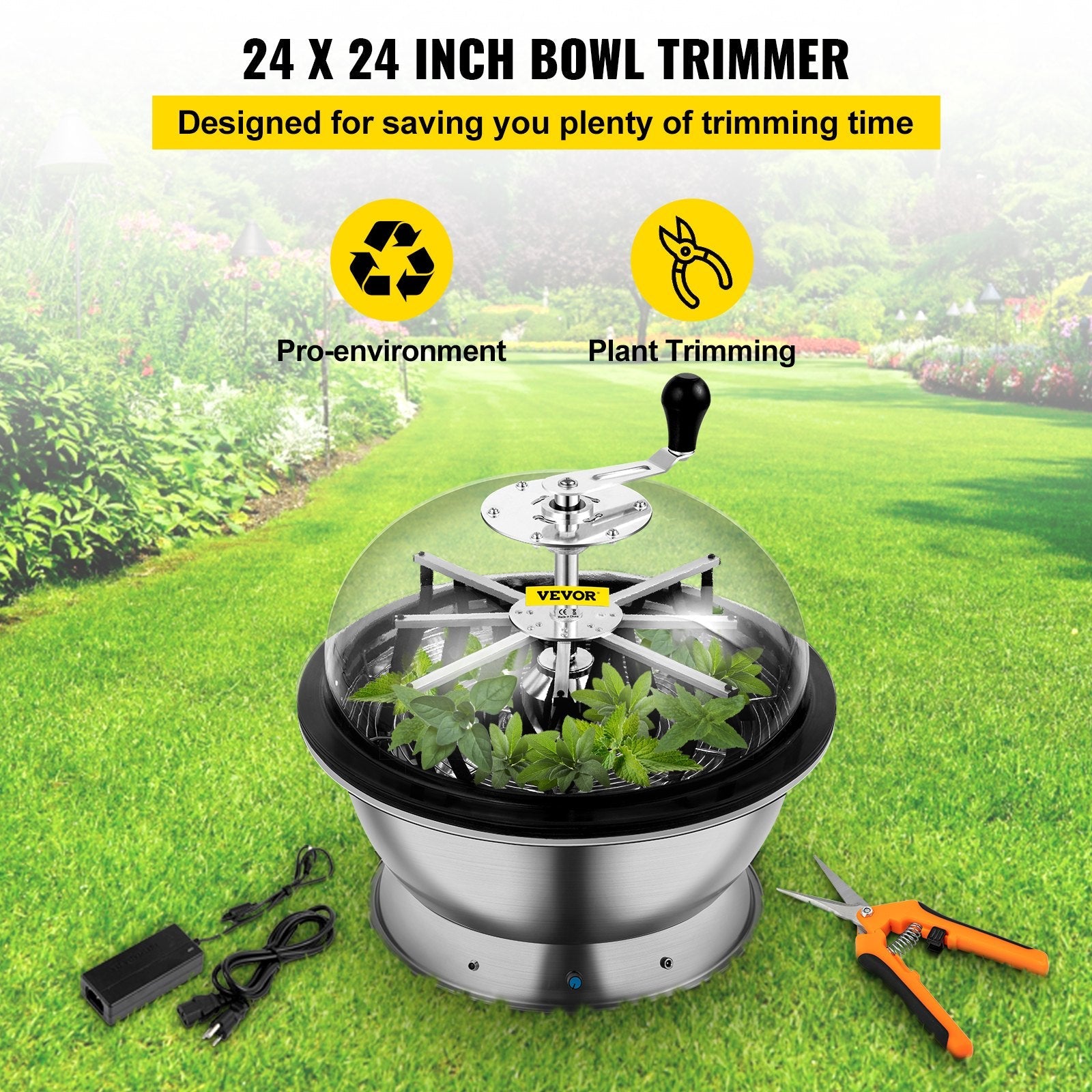 VEVOR Bowl Trimmer, 24 Inch Leaf Bowl Trimmer, Electric Hydroponic Pro Bowl Trimmer, Electric Leaf Bud Trim Reaper Cutter, Silver Twisted Spin Cut for Plants Buds and Flowers with Upgraded Gears 
