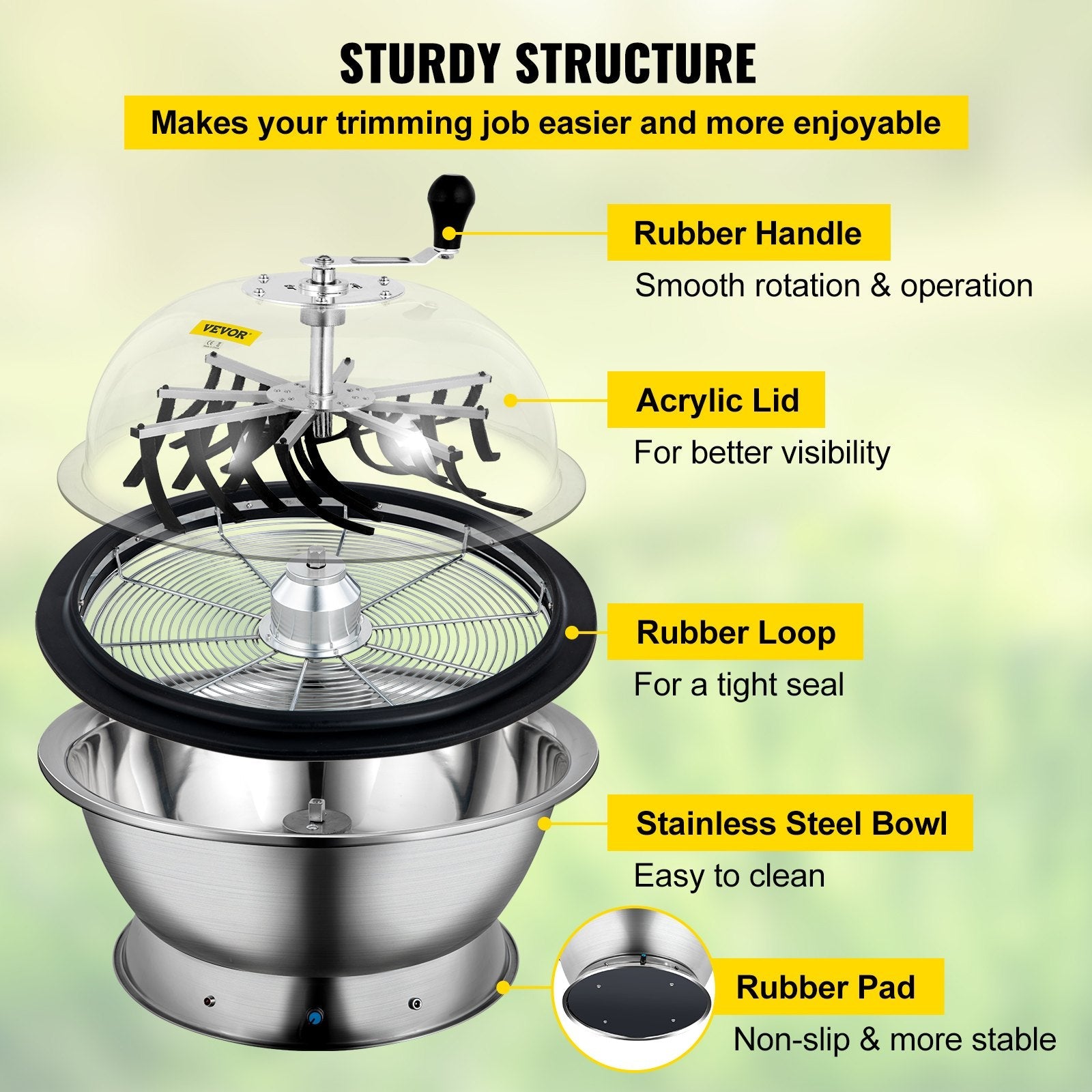 VEVOR Bowl Trimmer, 24 Inch Leaf Bowl Trimmer, Electric Hydroponic Pro Bowl Trimmer, Electric Leaf Bud Trim Reaper Cutter, Silver Twisted Spin Cut for Plants Buds and Flowers with Upgraded Gears 