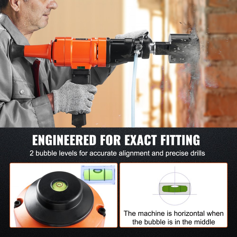 VEVOR Diamond Core Drilling Machine, 4in Handheld Wet Concrete Core Drill Rig, 1100-2400RPM Two Speed & 1-1/4" Thread & 2 Bubble Levels, 3-4in Drilling Diameter for Concrete Brick Block Stone, 1500W 