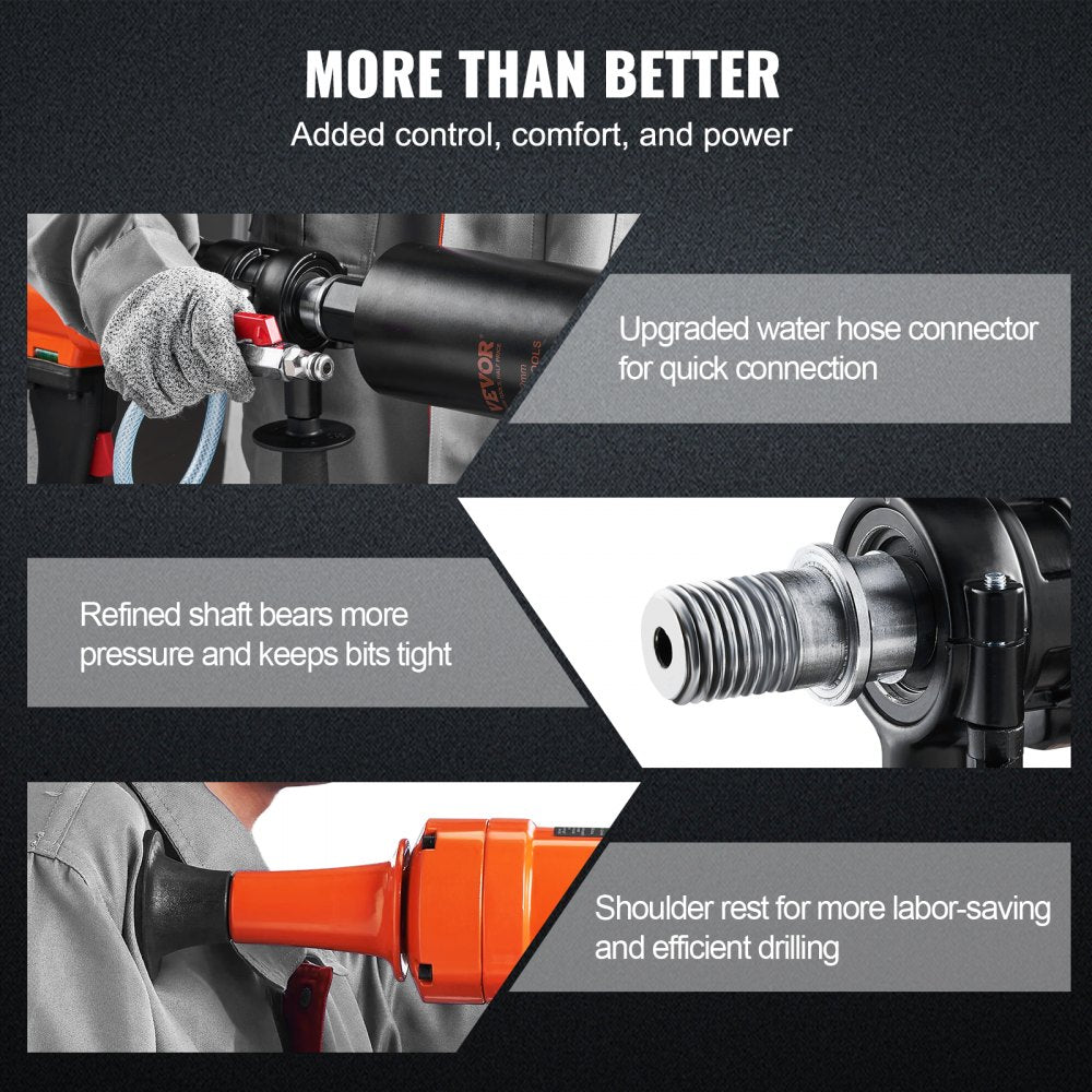 VEVOR Diamond Core Drilling Machine, 4in Handheld Wet Concrete Core Drill Rig, 1100-2400RPM Two Speed & 1-1/4" Thread & 2 Bubble Levels, 3-4in Drilling Diameter for Concrete Brick Block Stone, 1500W 