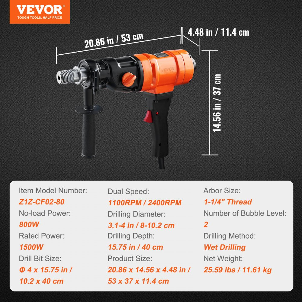 VEVOR Diamond Core Drilling Machine, 4in Handheld Wet Concrete Core Drill Rig, 1100-2400RPM Two Speed & 1-1/4" Thread & 2 Bubble Levels, 3-4in Drilling Diameter for Concrete Brick Block Stone, 1500W 
