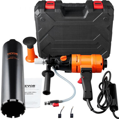 VEVOR Diamond Core Drilling Machine, 4in Handheld Wet Concrete Core Drill Rig, 1100-2400RPM Two Speed & 1-1/4" Thread & 2 Bubble Levels, 3-4in Drilling Diameter for Concrete Brick Block Stone, 1500W 
