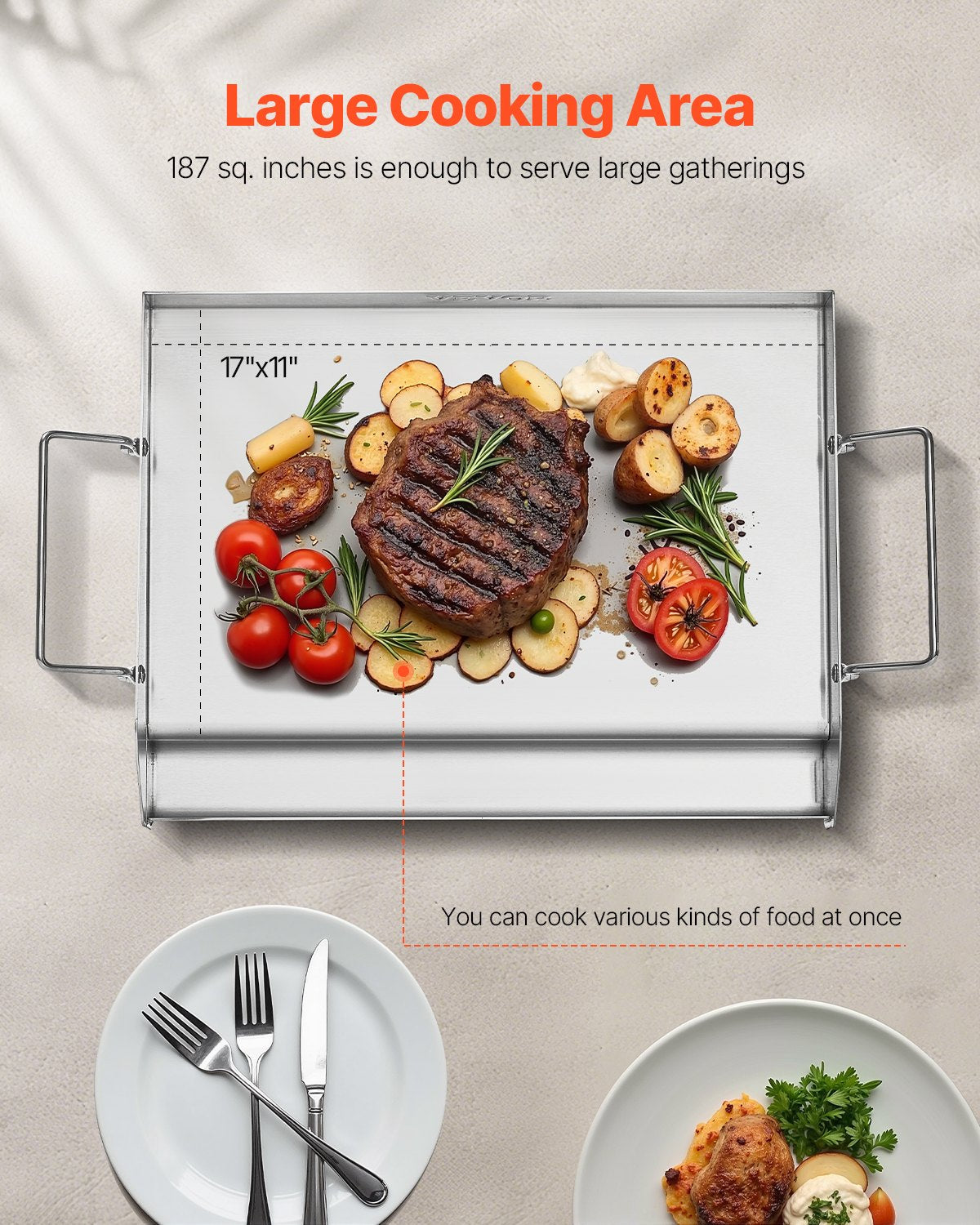 VEVOR 17x13 in Flat Top Griddle Stainless Steel Universal BBQ Grill Pan Cookware 