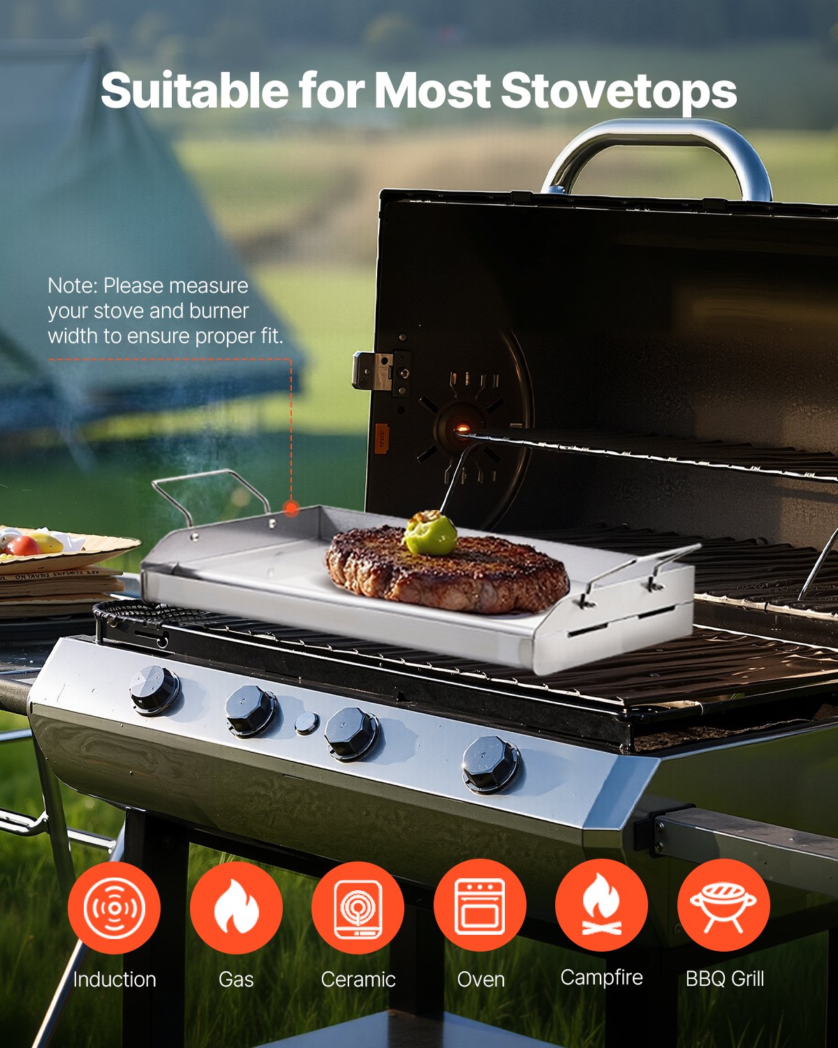 VEVOR 17x13 in Flat Top Griddle Stainless Steel Universal BBQ Grill Pan Cookware 