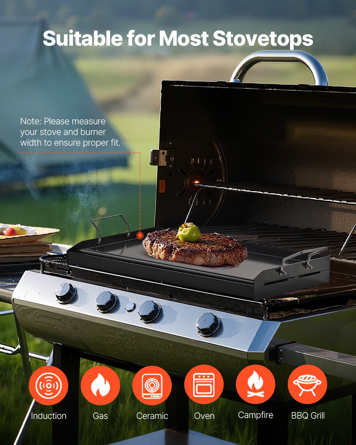 VEVOR 24x16 in Flat Top Griddle Carbon Steel Universal BBQ Grill Pan Cookware 