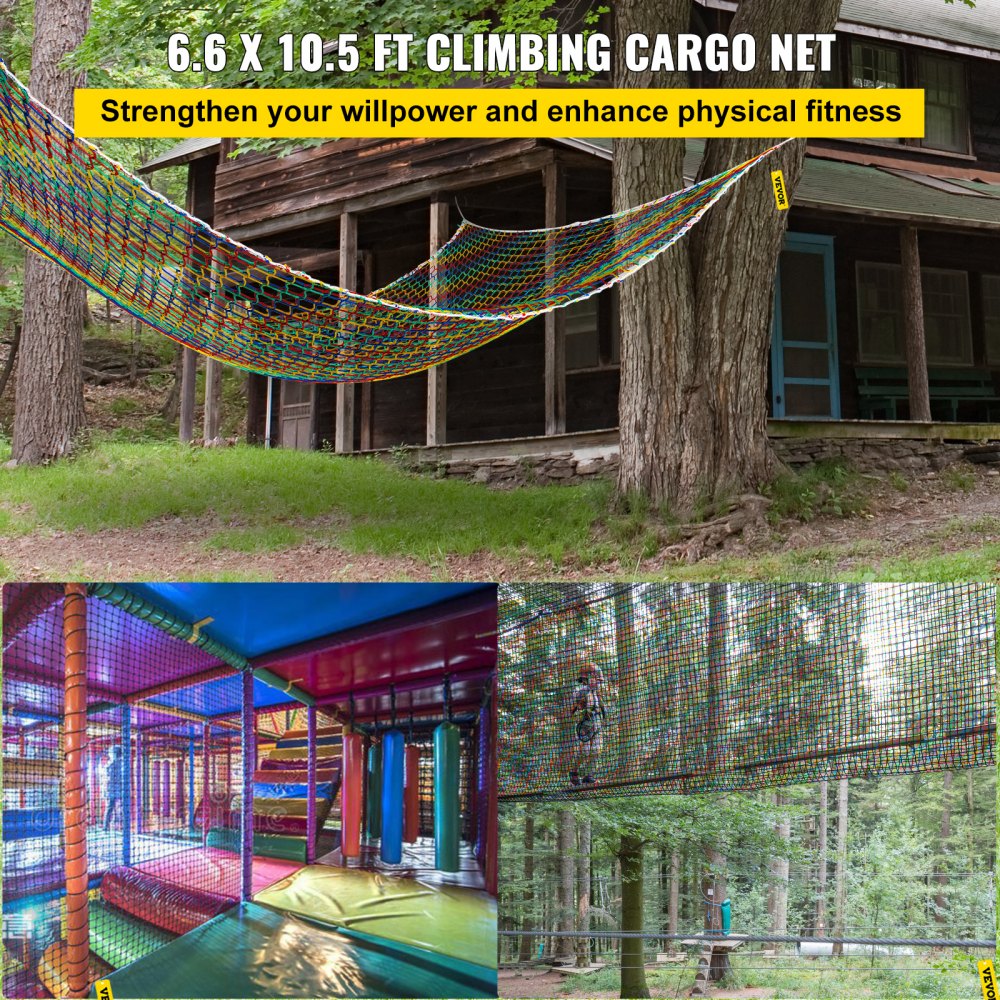 VEVOR Climbing Cargo Net, 6.6 x 10.5 ft Playground Climbing Cargo Net, Polyester Double Layers Cargo Net Climbing Outdoor with 500lbs Weight Capacity, Rope Bridge Net for Tree House, Monkey Bar, Rainb 