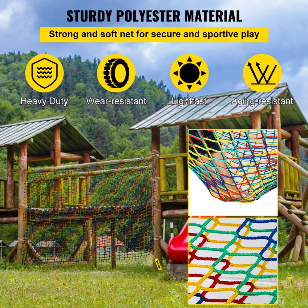 VEVOR Climbing Cargo Net, 6.6 x 10.5 ft Playground Climbing Cargo Net, Polyester Double Layers Cargo Net Climbing Outdoor with 500lbs Weight Capacity, Rope Bridge Net for Tree House, Monkey Bar, Rainb 