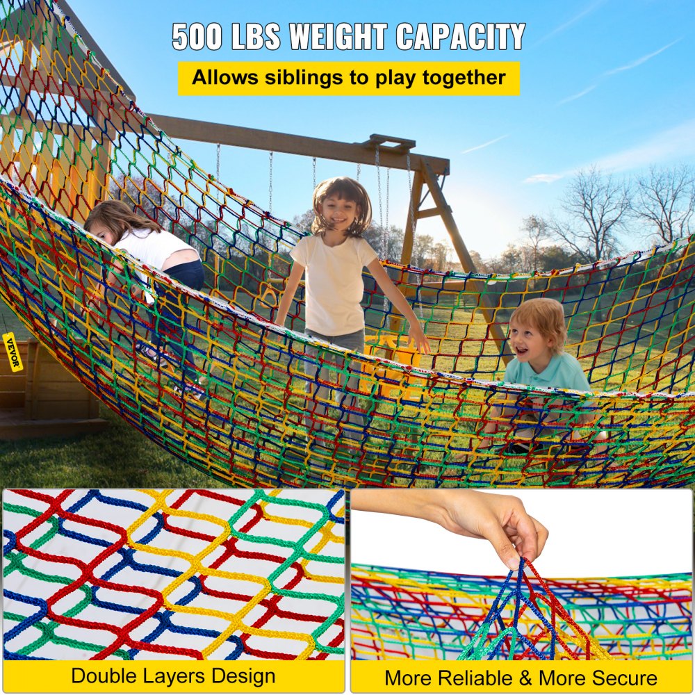 VEVOR Climbing Cargo Net, 6.6 x 10.5 ft Playground Climbing Cargo Net, Polyester Double Layers Cargo Net Climbing Outdoor with 500lbs Weight Capacity, Rope Bridge Net for Tree House, Monkey Bar, Rainb 