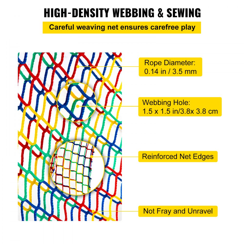 VEVOR Climbing Cargo Net, 6.6 x 10.5 ft Playground Climbing Cargo Net, Polyester Double Layers Cargo Net Climbing Outdoor with 500lbs Weight Capacity, Rope Bridge Net for Tree House, Monkey Bar, Rainb 