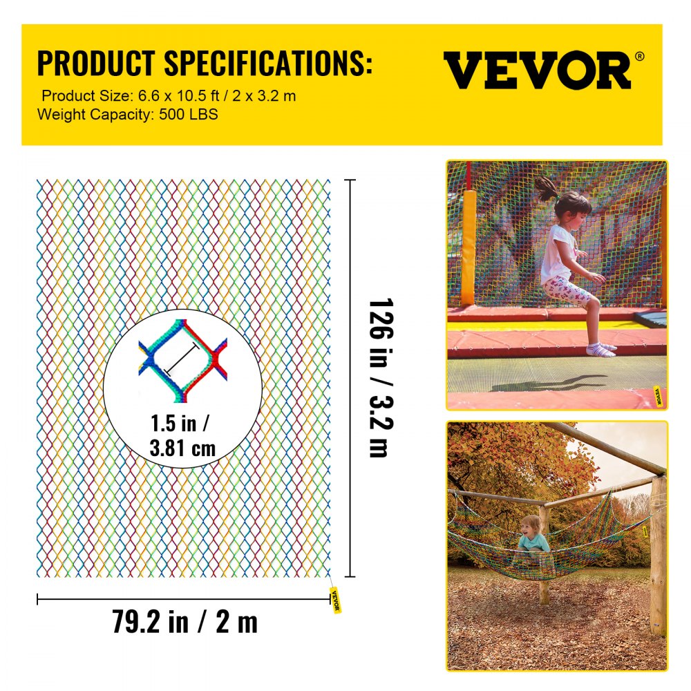 VEVOR Climbing Cargo Net, 6.6 x 10.5 ft Playground Climbing Cargo Net, Polyester Double Layers Cargo Net Climbing Outdoor with 500lbs Weight Capacity, Rope Bridge Net for Tree House, Monkey Bar, Rainb 