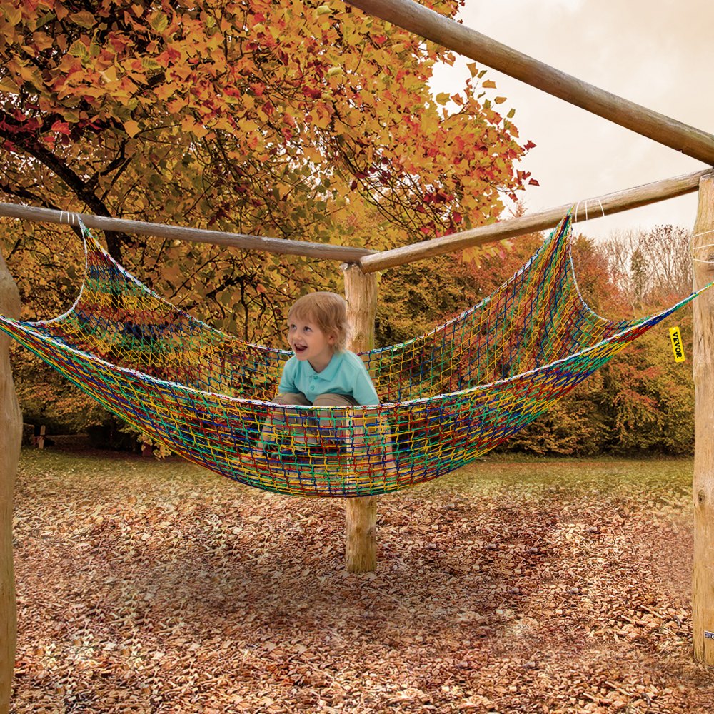 VEVOR Climbing Cargo Net, 6.6 x 10.5 ft Playground Climbing Cargo Net, Polyester Double Layers Cargo Net Climbing Outdoor with 500lbs Weight Capacity, Rope Bridge Net for Tree House, Monkey Bar, Rainb 