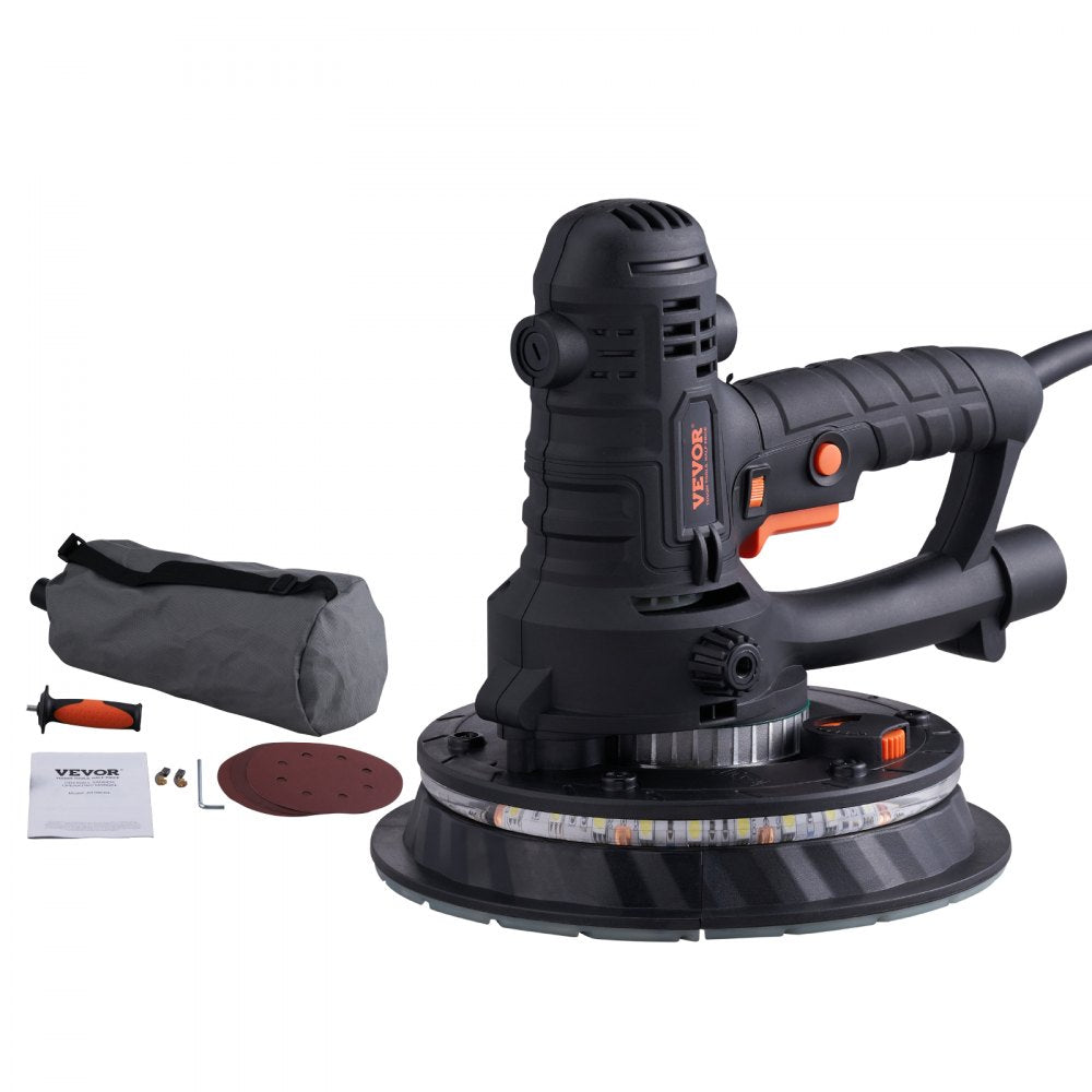 VEVOR Drywall Sander, 800W Electric Sander with 12 Sanding Discs, Variable Speed 1200-2300 RPM Wall Sander with Automatic Vacuum Dust Collection System, Double LED Lights, Dust Bag, Detachable Edge 