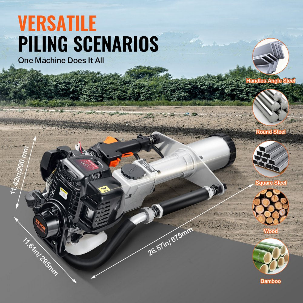VEVOR 37.77cc Gas-Powered T Post Driver 4-Stroke Fence Piling Pounder w/ 3 Head 