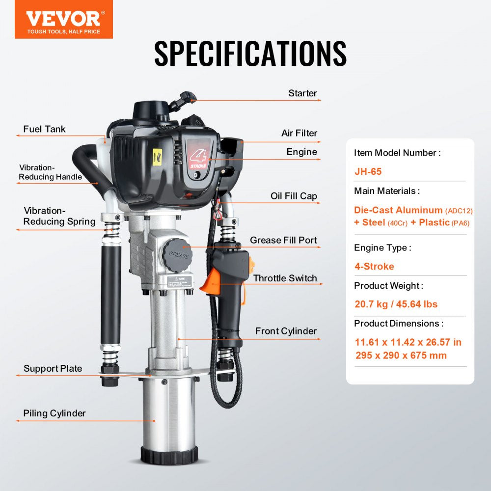 VEVOR 37.77cc Gas-Powered T Post Driver 4-Stroke Fence Piling Pounder w/ 3 Head 
