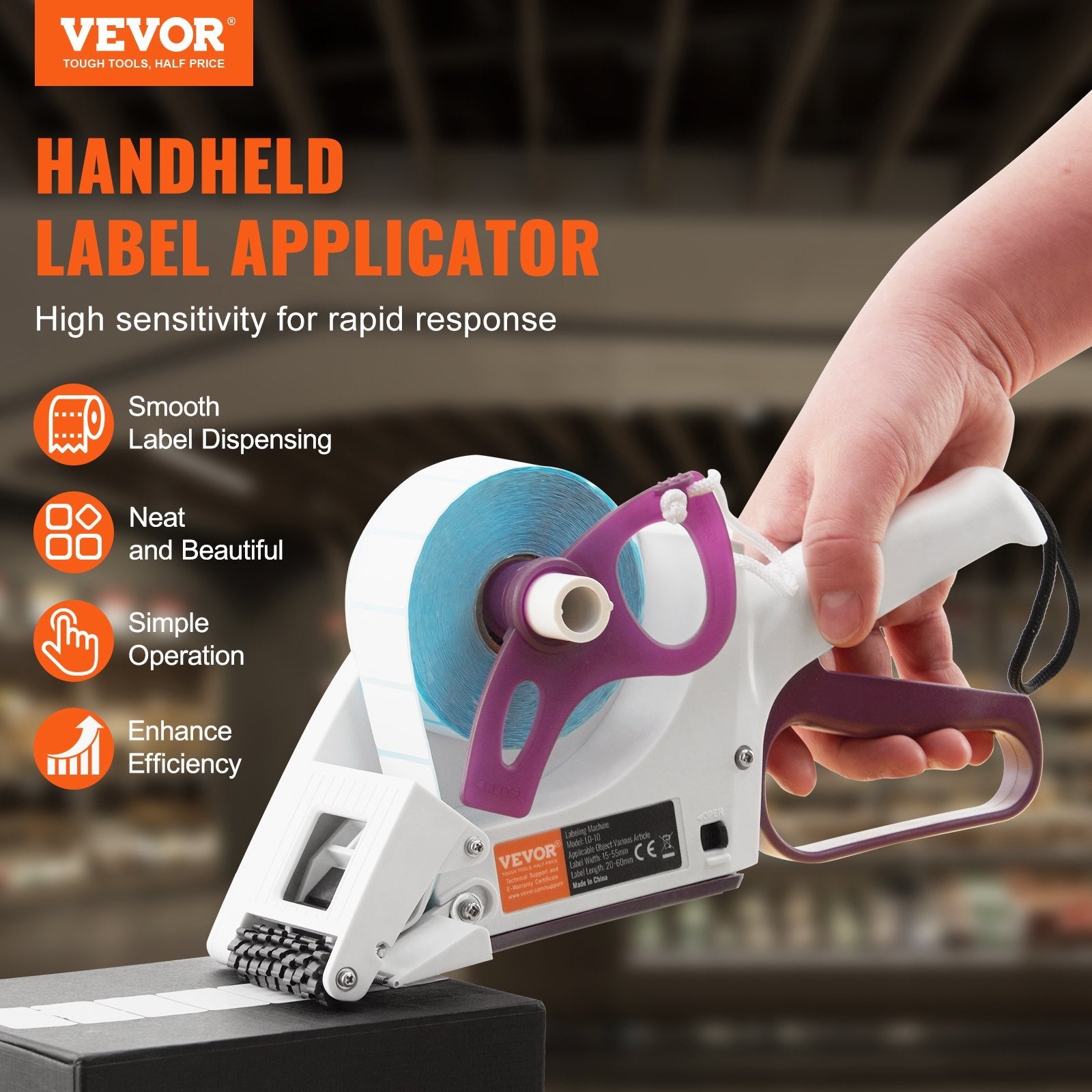 VEVOR Manual Label Applicator, 0.59-2.17 inches Label Width, 0.79-2.36 inches Label Length, Portable Hand-Held Labeling Machine with Label Roll and TPR Roller for Round Bottles, Boxes, Fruits Labeling 