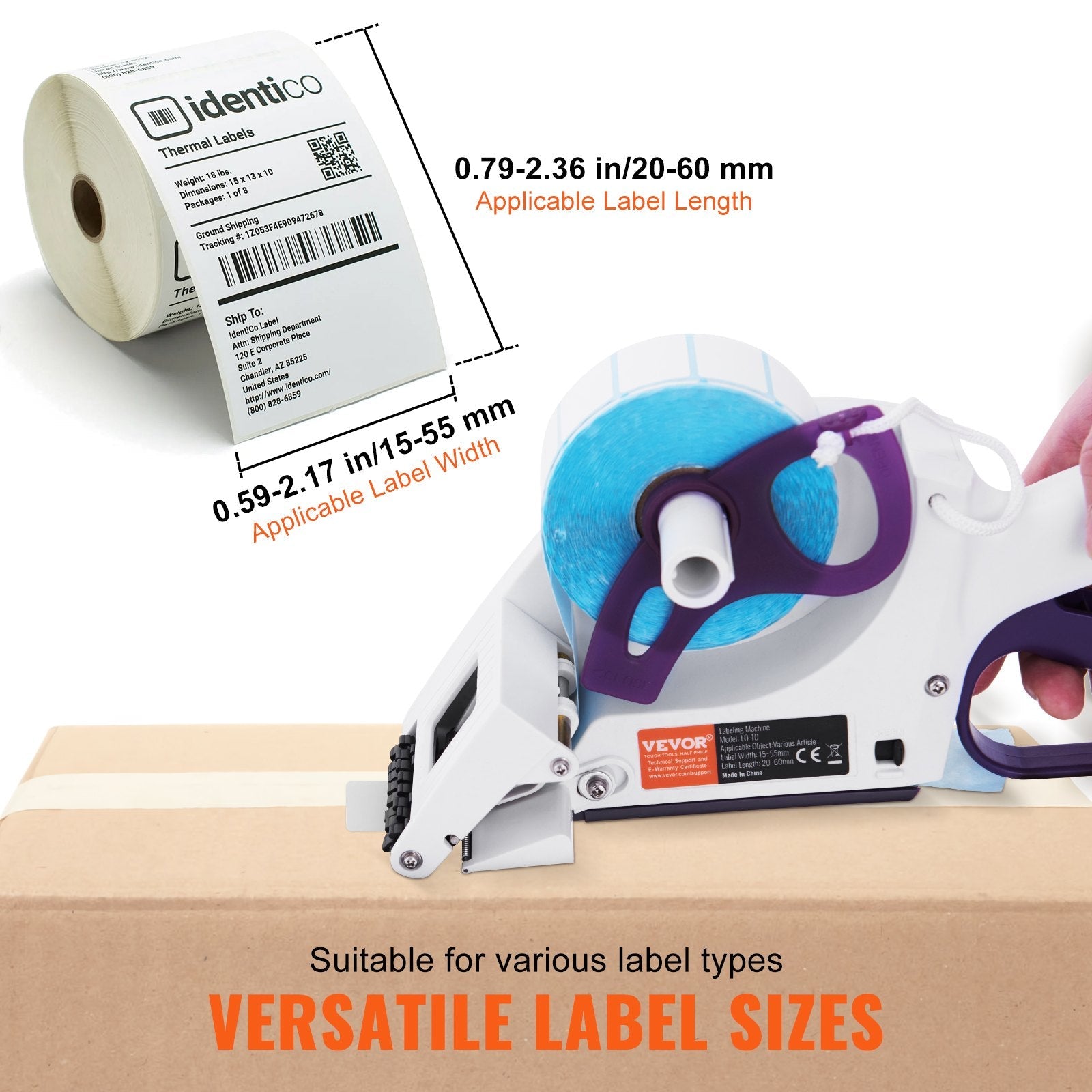 VEVOR Manual Label Applicator, 0.59-2.17 inches Label Width, 0.79-2.36 inches Label Length, Portable Hand-Held Labeling Machine with Label Roll and TPR Roller for Round Bottles, Boxes, Fruits Labeling 