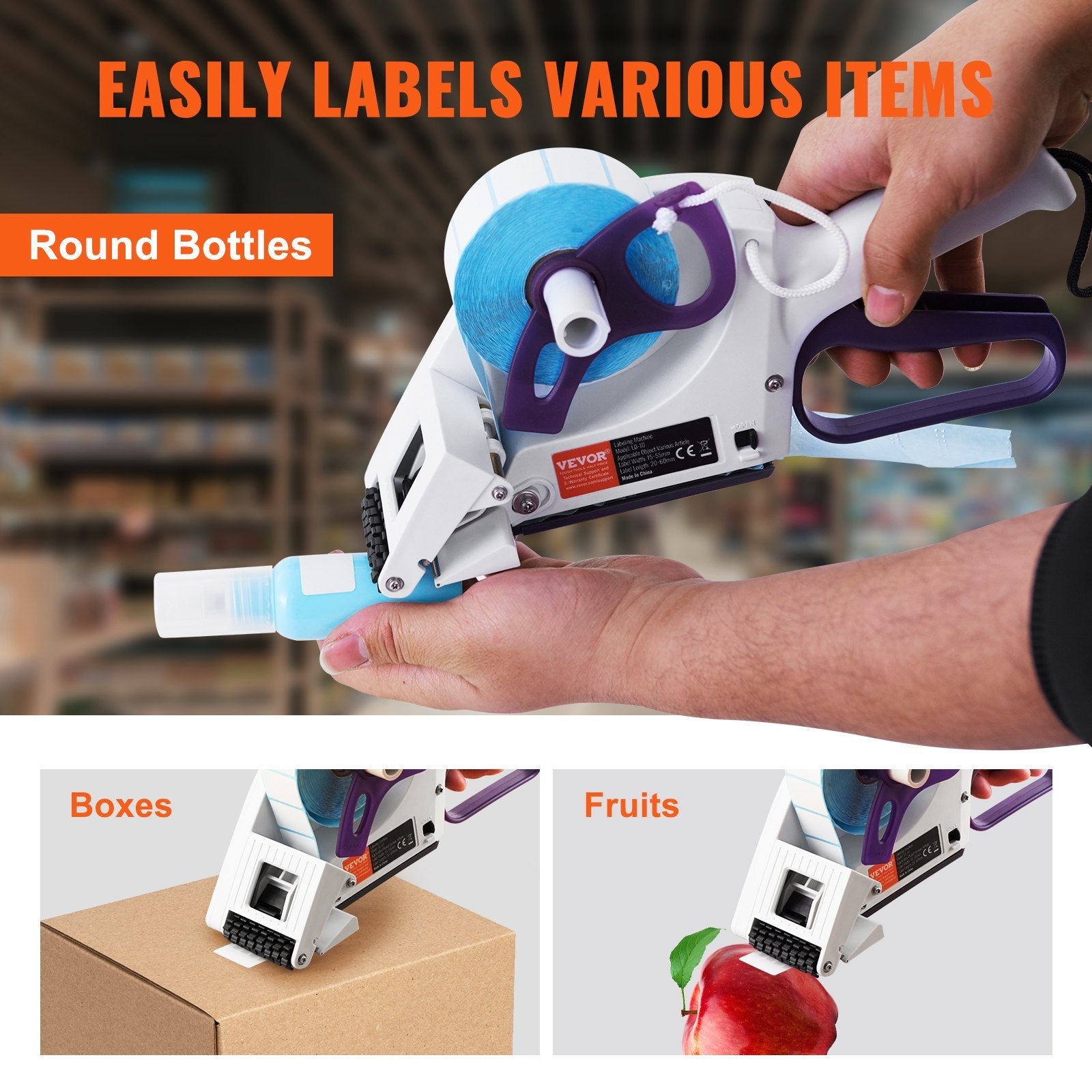 VEVOR Manual Label Applicator, 0.59-2.17 inches Label Width, 0.79-2.36 inches Label Length, Portable Hand-Held Labeling Machine with Label Roll and TPR Roller for Round Bottles, Boxes, Fruits Labeling 