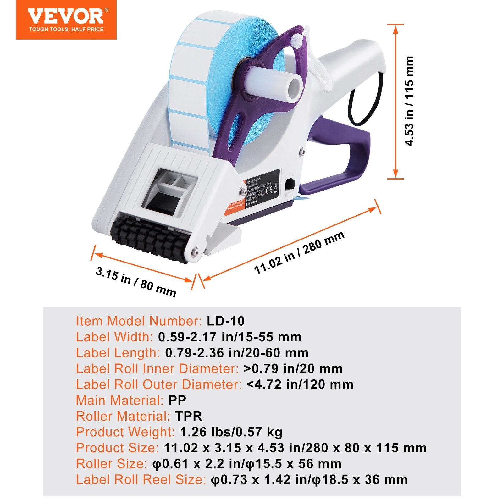 VEVOR Manual Label Applicator, 0.59-2.17 inches Label Width, 0.79-2.36 inches Label Length, Portable Hand-Held Labeling Machine with Label Roll and TPR Roller for Round Bottles, Boxes, Fruits Labeling 