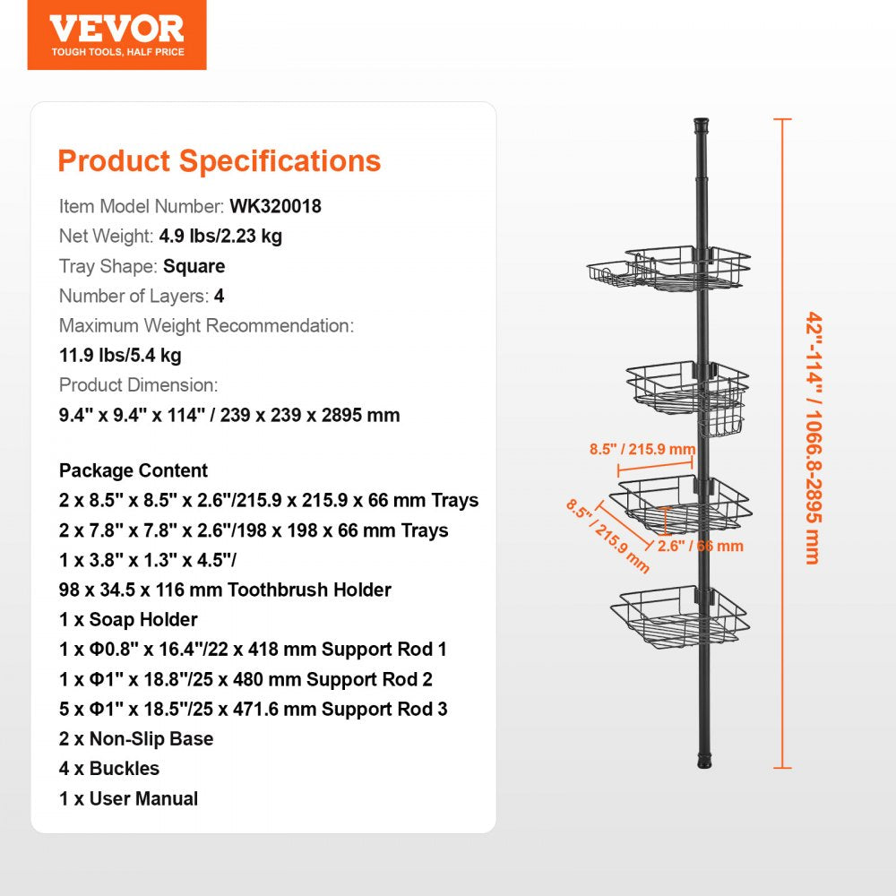 VEVOR 42" to 114" High Shower Corner Caddy Tension Pole Rust-Proof Tension Pole 