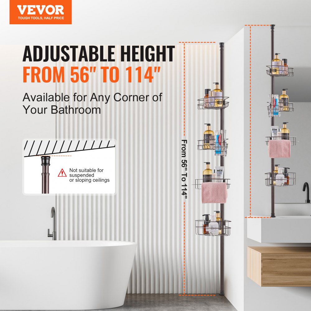 VEVOR 56" to 114" High Shower Corner Caddy Tension Pole Rust-Proof Tension Pole 