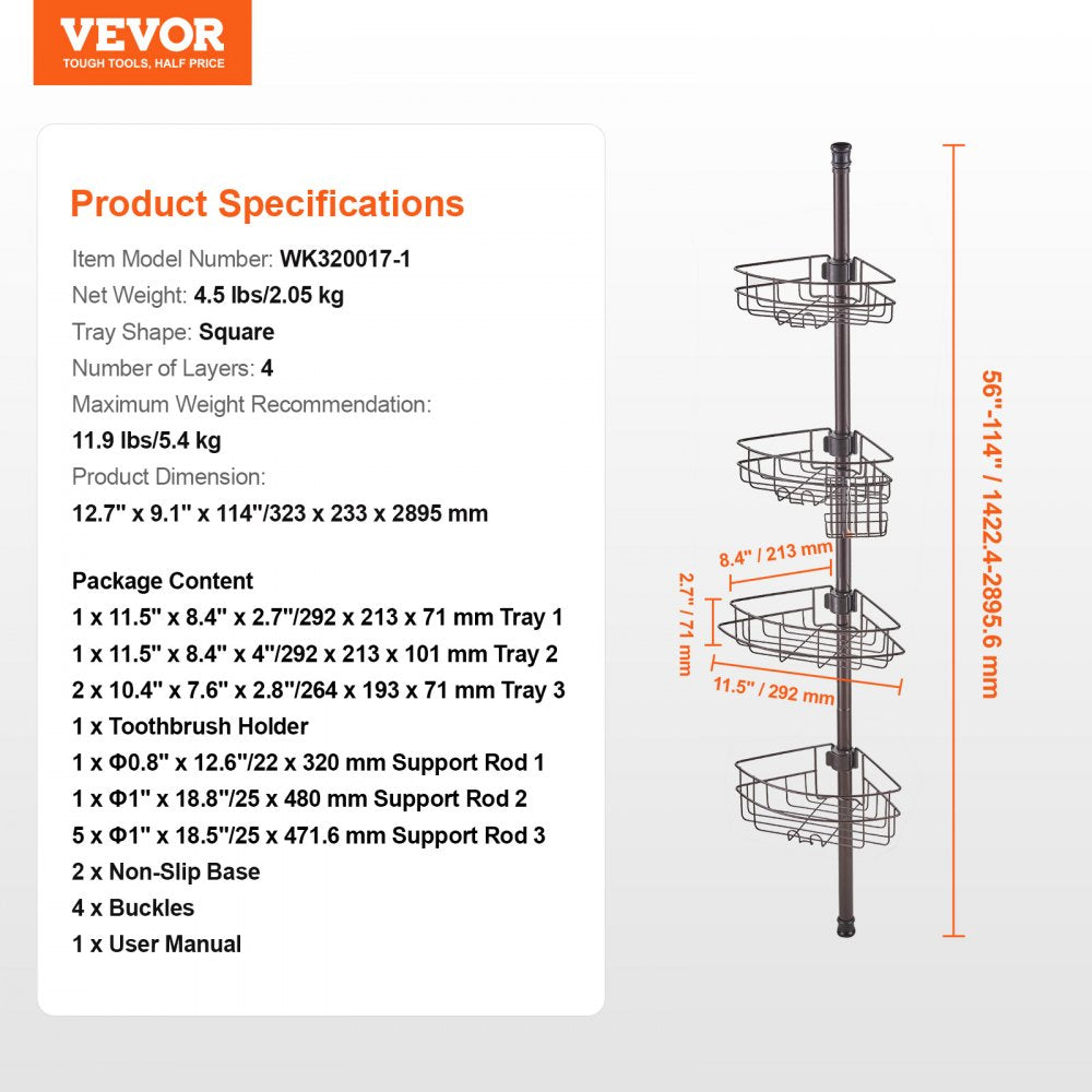VEVOR 56" to 114" High Shower Corner Caddy Tension Pole Rust-Proof Tension Pole 