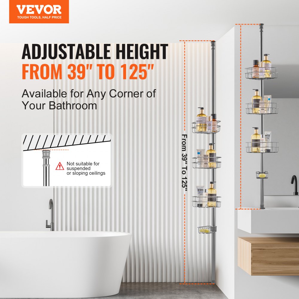 VEVOR 39" to 125" High Shower Corner Caddy Tension Pole Rust-Proof Tension Pole 