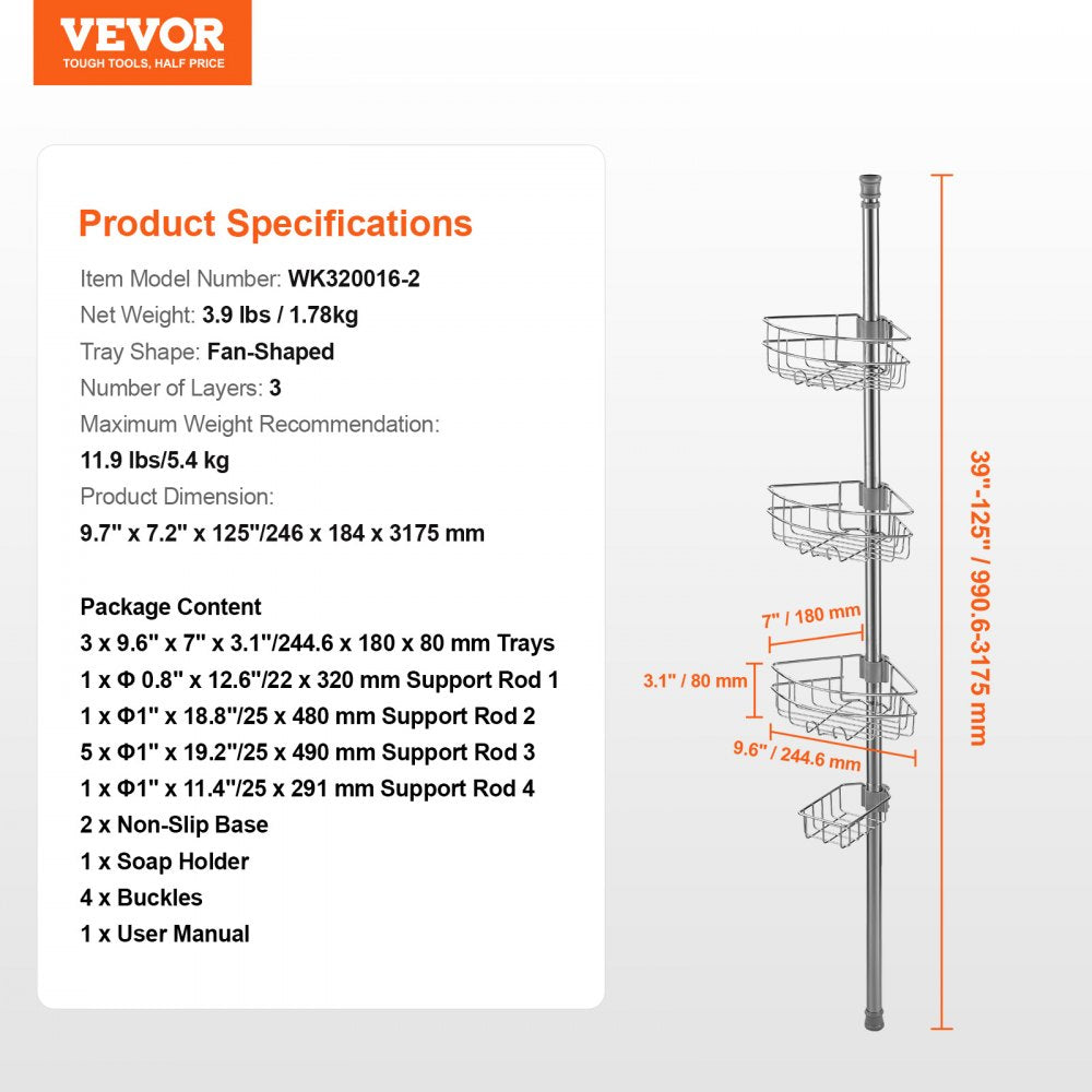 VEVOR 39" to 125" High Shower Corner Caddy Tension Pole Rust-Proof Tension Pole 